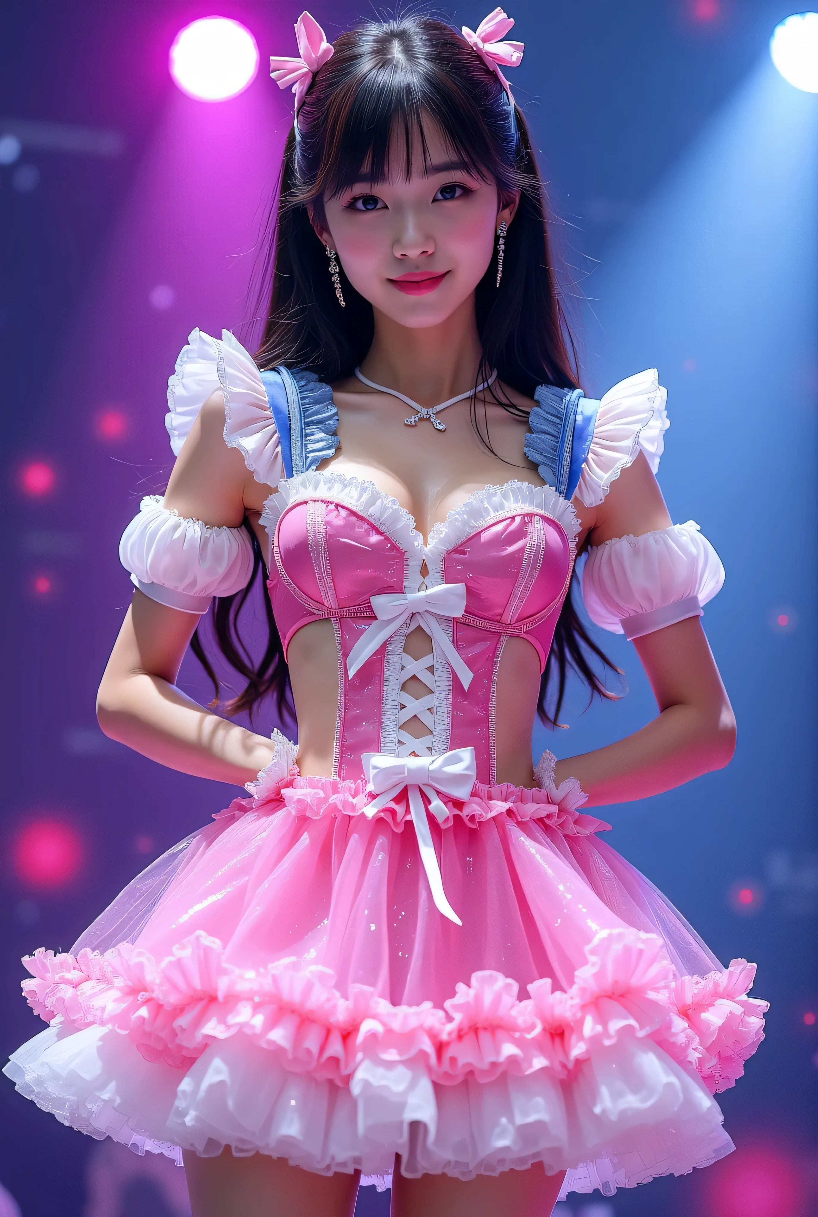 Create a highly detailed, realistic image of a young woman with long, dark hair styled with two small pink bows on either side. She is wearing a vibrant and transparent shinning glossy pink short dress that has a layered, frilly design with white ruffled edges on the sleeves and neckline. The dress has intricate lace-up details on the front, with white ribbons crisscrossing over the bodice. A large, white bow is tied around her waist, and the skirt is layered with multiple ruffles, alternating between white and pink frills. The upper part of the dress has a mix of white and blue accents, especially around the shoulders, giving it a lively, idol-like appearance. The girl’s expression is cheerful and playful, with a radiant smile, captured both in performance and posing with a slightly pensive look. Ensure that her outfit appears shiny and glossy, reflecting stage lights, and incorporate a vivid, performance-like atmosphere in the background.