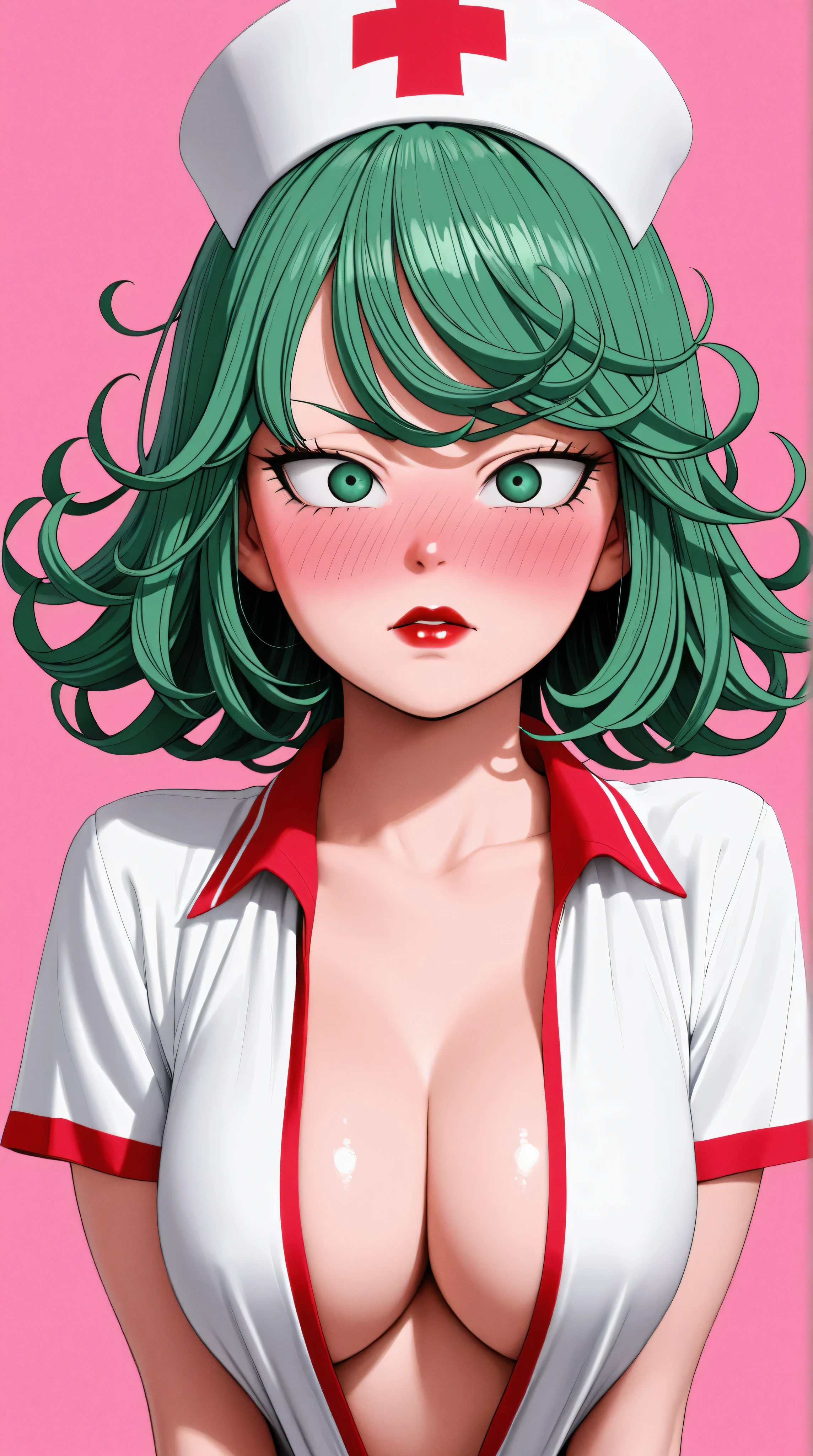 1 very young japanese girl, tatsumaki from Dragonball Z, green hair, green eyes, blushing, Shy, Red lips, pale face, Sweet, big breasts, best quality, ((masterpiece)), (detailed), vintage, elegant, sophisticated, big expressive eyes, ulzzang, high school girl、Slender、Slender body、asian high school girl, solid pink background, heavy blushing, submissive, sexy pose, nurse uniform, upper body, plunging neckline,