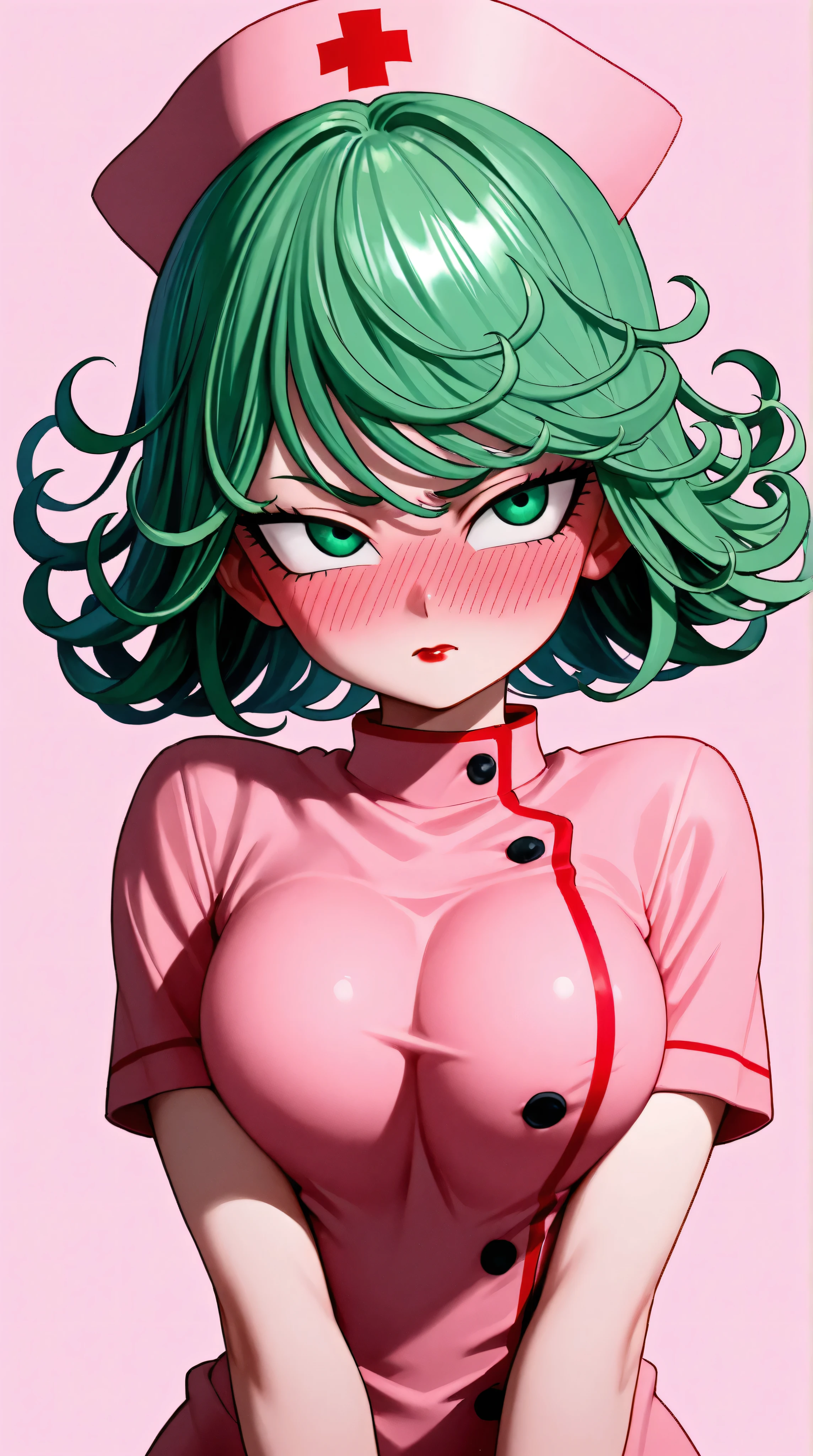 1 very young japanese girl, tatsumaki from Dragonball Z, green hair, green eyes, blushing, Shy, Red lips, pale face, Sweet, big breasts, best quality, ((masterpiece)), (detailed), vintage, elegant, sophisticated, big expressive eyes, ulzzang, high school girl、Slender、Slender body、asian high school girl, solid pink background, heavy blushing, submissive, sexy pose, nurse uniform, upper body,
