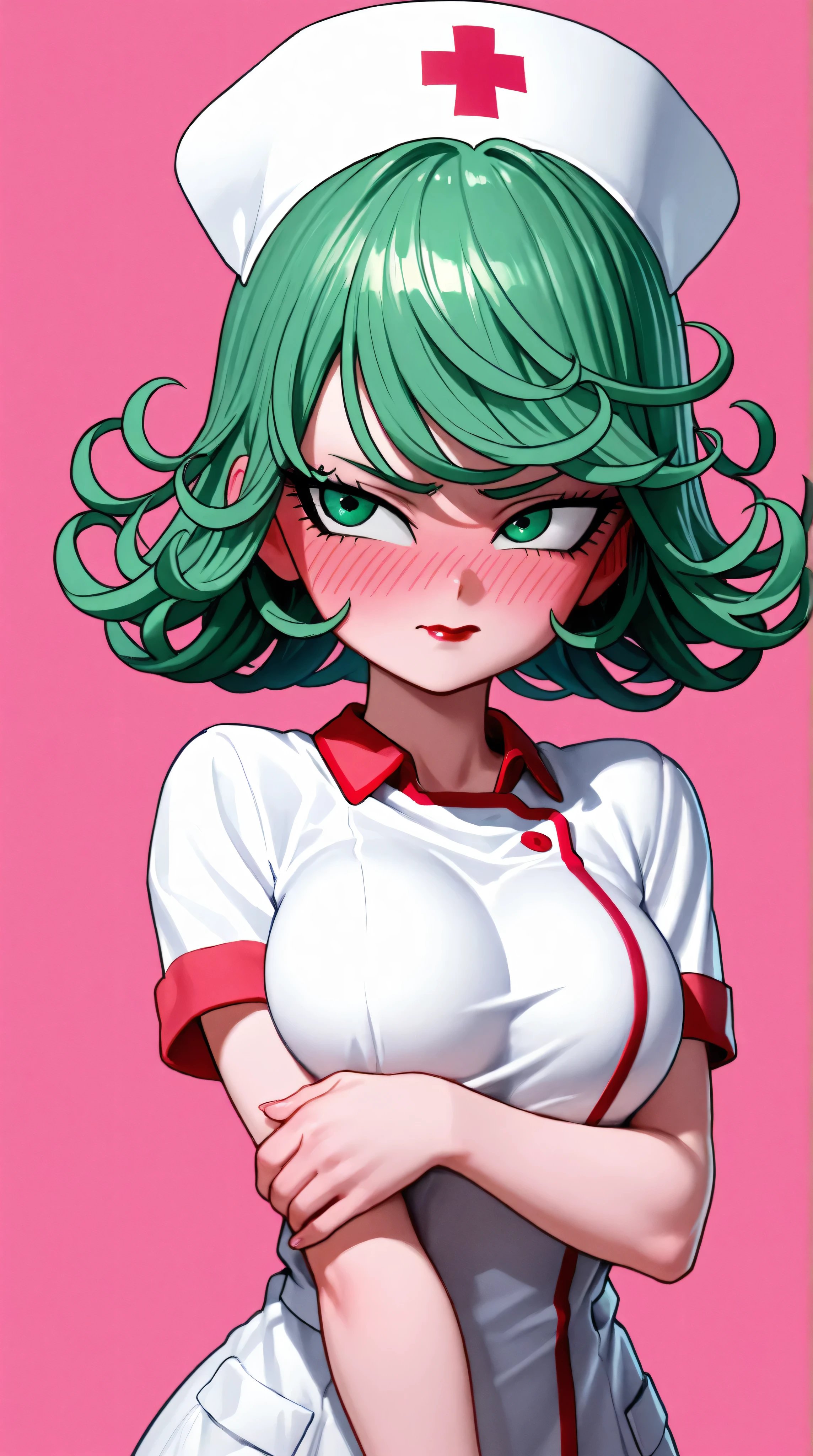 1 very young japanese girl, tatsumaki from Dragonball Z, green hair, green eyes, blushing, Shy, Red lips, pale face, Sweet, big breasts, best quality, ((masterpiece)), (detailed), vintage, elegant, sophisticated, big expressive eyes, ulzzang, high school girl、Slender、Slender body、asian high school girl, solid pink background, heavy blushing, submissive, sexy pose, nurse uniform, upper body,