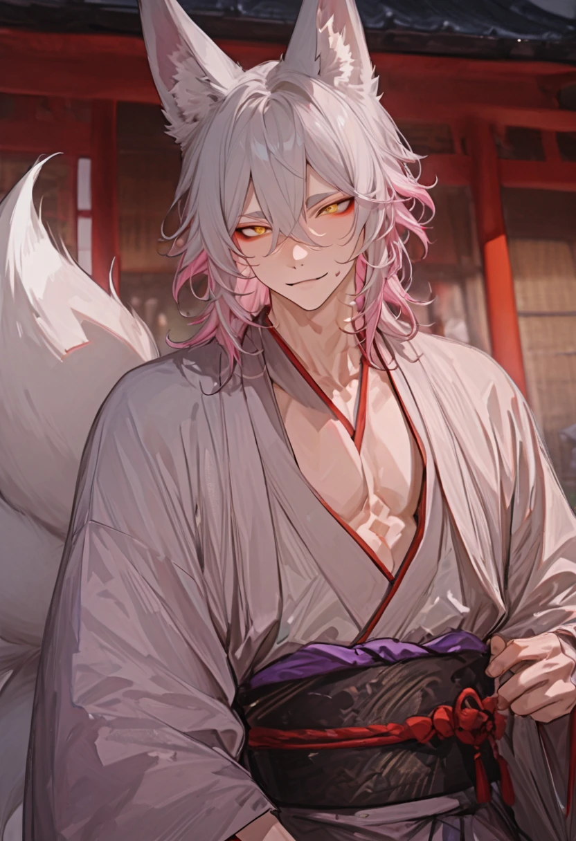 masterpiece, newest, absurdres, Solo, high detailed, Yellow eyes, male, handsome, Sexy male, Handsome Male, sexy male, Seductive, medium Hair, wavy hair, silver hair, (pink tip hair), ((two tone hair)), silver Fox ears, kitsune, sexy kitsune, kitsune, expressive eyes, detailed face, Japanese Yokai Kitsune, in a Japanese shrine, sexy, multi color kimono, Long bangs between eyes, Four large fox tails, eyeshadow, shiba eyebrow, playful smile