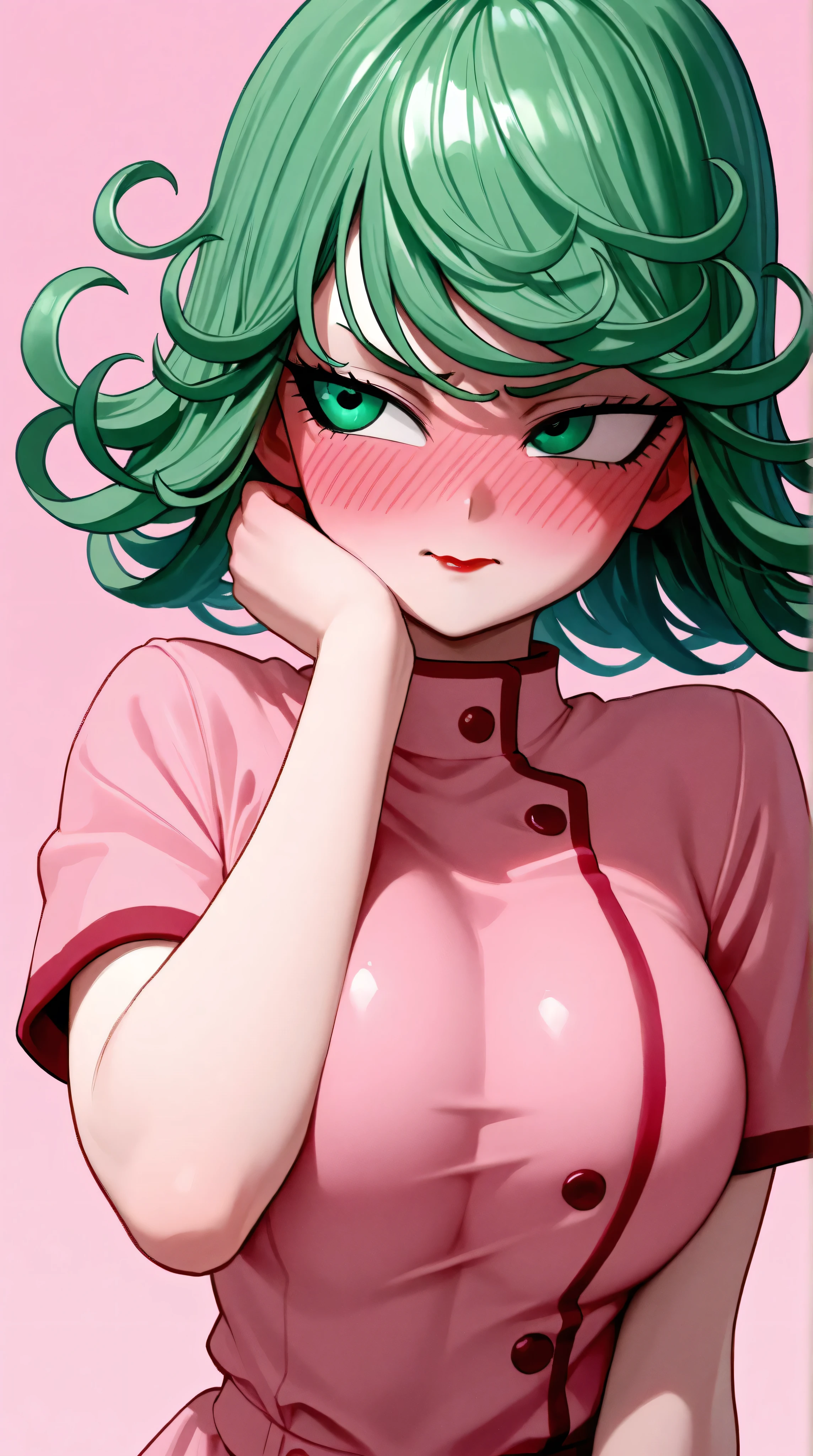 1 very young japanese girl, tatsumaki from Dragonball Z, green hair, green eyes, blushing, Shy, Red lips, pale face, Sweet, big breasts, best quality, ((masterpiece)), (detailed), vintage, elegant, sophisticated, big expressive eyes, ulzzang, high school girl、Slender、Slender body、asian high school girl, solid pink background, heavy blushing, submissive, sexy pose,  nurse uniform, upper body, 
