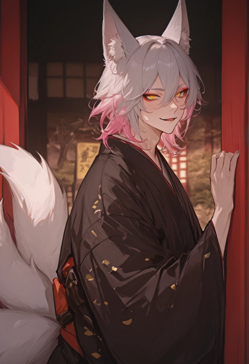 masterpiece, newest, absurdres, Solo, high detailed, Yellow eyes, male, handsome, Sexy male, Handsome Male, sexy male, Seductive, medium Hair, wavy hair, silver hair, (pink tip hair), ((two tone hair)), silver Fox ears, kitsune, sexy kitsune, kitsune, expressive eyes, detailed face, Japanese Yokai Kitsune, in a Japanese shrine, sexy, multi color kimono, Long bangs between eyes, Four large fox tails, eyeshadow, shiba eyebrow, playful smile