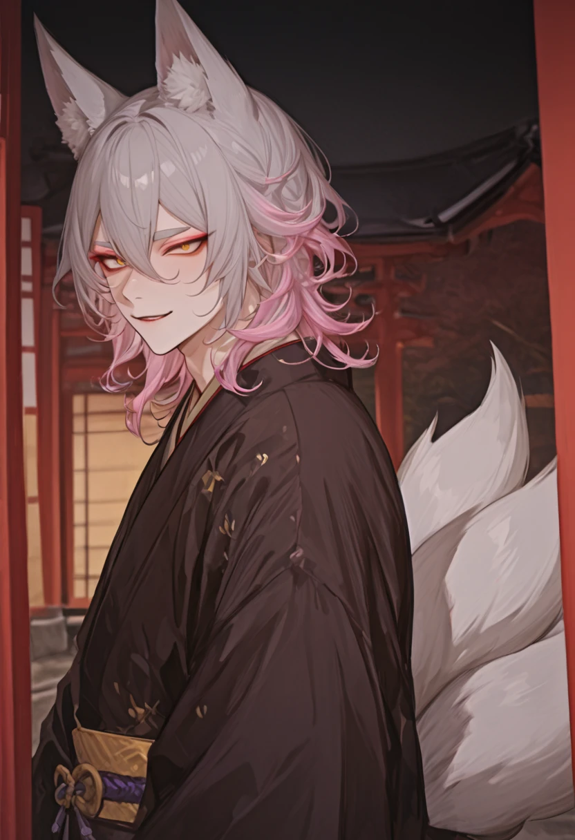masterpiece, newest, absurdres, Solo, high detailed, Yellow eyes, male, handsome, Sexy male, Handsome Male, sexy male, Seductive, medium Hair, wavy hair, silver hair, (pink tip hair), ((two tone hair)), silver Fox ears, kitsune, sexy kitsune, kitsune, expressive eyes, detailed face, Japanese Yokai Kitsune, in a Japanese shrine, sexy, multi color kimono, Long bangs between eyes, Four large fox tails, eyeshadow, shiba eyebrow, playful smile
