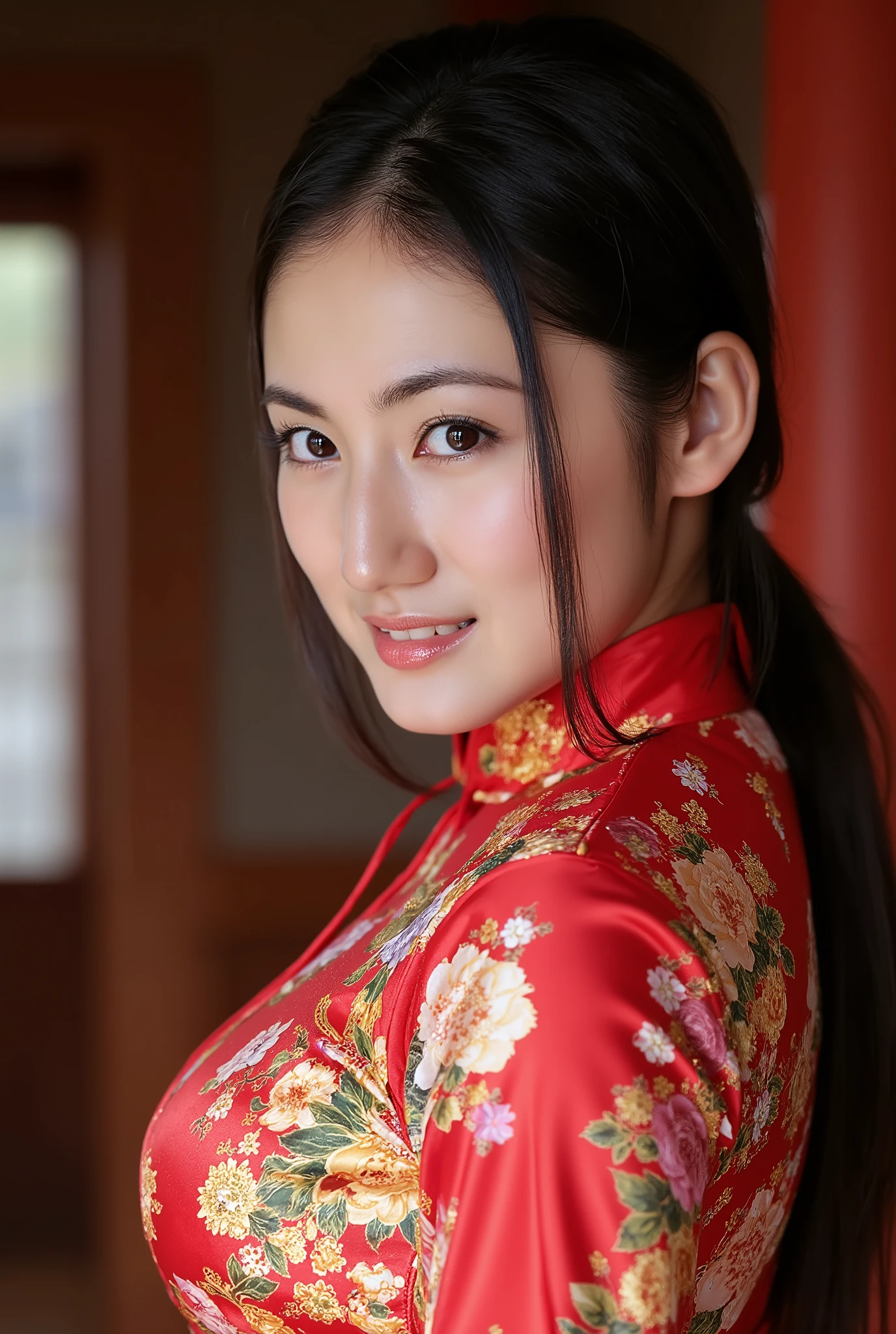 A realistic photo of a young japanese woman with (low ponytail) wearing a traditional Chinese dress. She is busty with huge breasts and deep cleavage and has chouchou in her hair and dark black eyes. She has a beautiful smile and a young, flirting with the camera, sultry good look, innocent beauty,jaycheongsam,full body