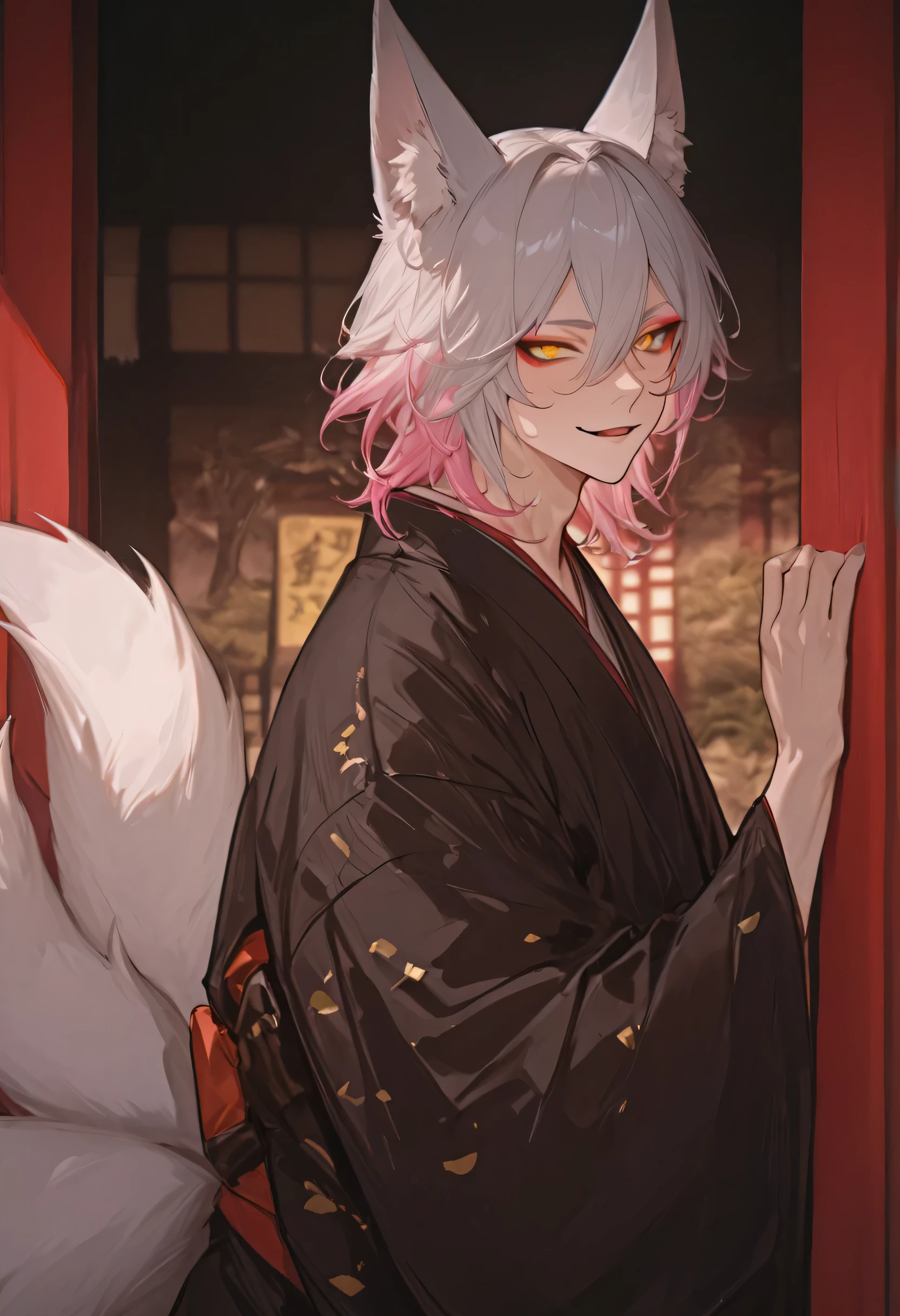masterpiece, newest, absurdres, Solo, high detailed, Yellow eyes, male, handsome, Sexy male, Handsome Male, sexy male, Seductive, medium Hair, wavy hair, silver hair, (pink tip hair), ((two tone hair)), silver Fox ears, kitsune, sexy kitsune, kitsune, expressive eyes, detailed face, Japanese Yokai Kitsune, in a Japanese shrine, sexy, multi color kimono, Long bangs between eyes, Four large fox tails, eyeshadow, shiba eyebrow, playful smile