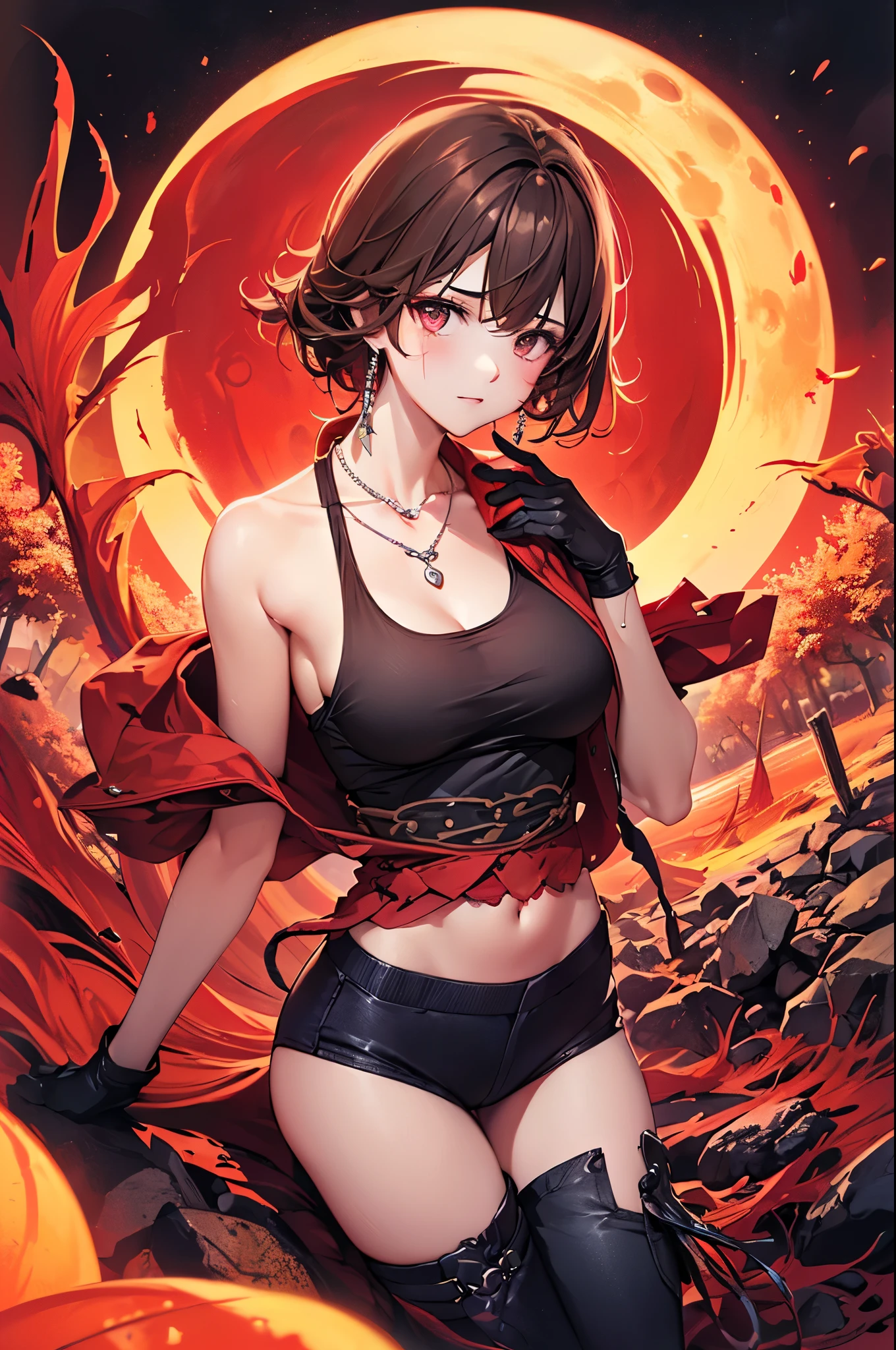 最high quality、best image quality、masterpiece、age girl((18-year-old、 By becoming、vest bust、medium bust,wide open breast tea、black eye, thin,highest valley、Perforated gloves、My whole body is covered in scars、black tank top、red pants、anger、red necklace、black stockings、red boots)),high quality、beautiful art、background((Dark roads、Red rain、red lighting、Red Moon、bloodstained road)),debris flies、Depth of written boundary、movie、visual art、perfect art、8K,genuine
