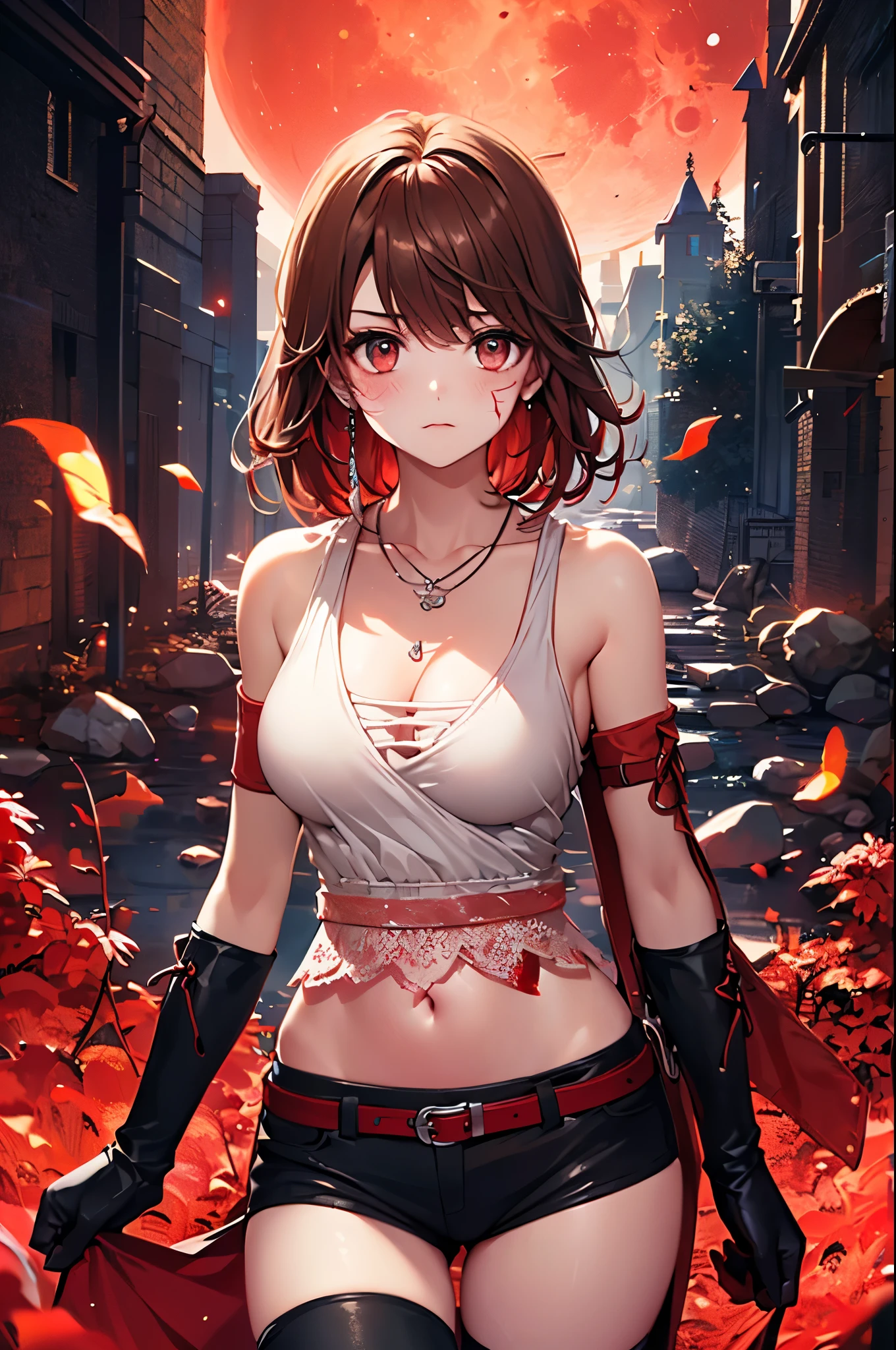 最high quality、best image quality、masterpiece、age girl((18-year-old、 By becoming、vest bust、medium bust,wide open breast tea、black eye, thin,highest valley、Perforated gloves、My whole body is covered in scars、black tank top、red pants、anger、red necklace、black stockings、red boots)),high quality、beautiful art、background((Dark roads、Red rain、red lighting、Red Moon、bloodstained road)),debris flies、Depth of written boundary、movie、visual art、perfect art、8K,genuine