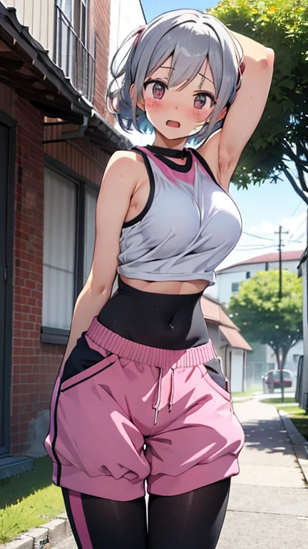 (ultra-realistic, highres, best quality, 4k, professional, cowboy shot), hinata huyga, an illustration in Full HD that showcases a 21-year-old girl's cool style, beauty eyes, sharp eyes. Her Asymmetric Pixie hairstyle, black hair with perfect bang, short hair, and left-facing bangs with red highlights make her stand out. Smile, dynamic pose, She's dressed in a fashioned sport bra, train in gym, sweat skin, exuding confidence and individuality.