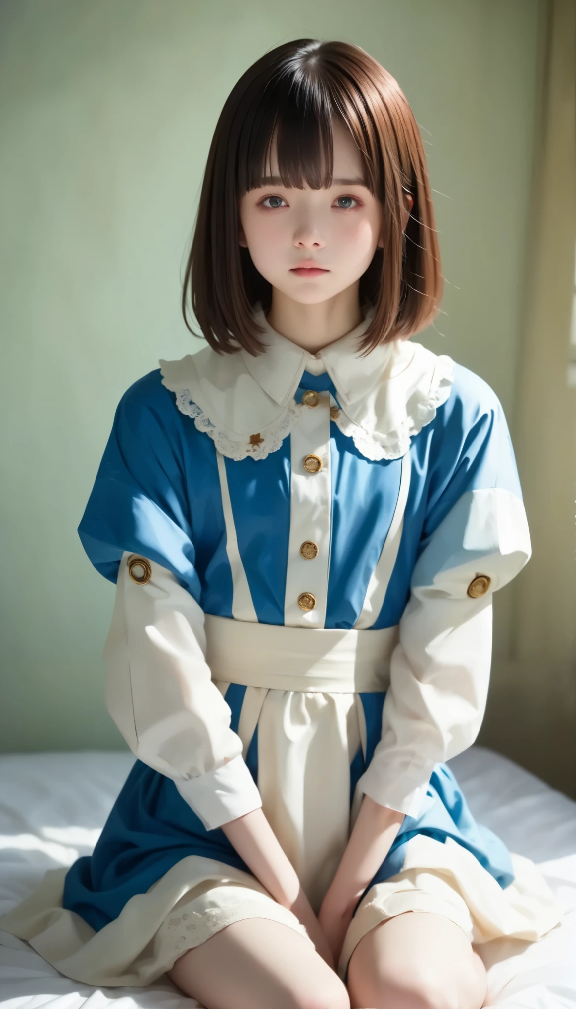 very realistic pictures , RAW Photo , surreal , Film Grain, one girl , alone, young girl, emotionless , Viewer' View , Up to , ( long hair, Hair , short bob , hair to hide one eye , bangs:1.3), thin body, Tiny Breasts , thin waist , They are staring at me with a cute feeling, ( cute costume :1.3), Sitting,