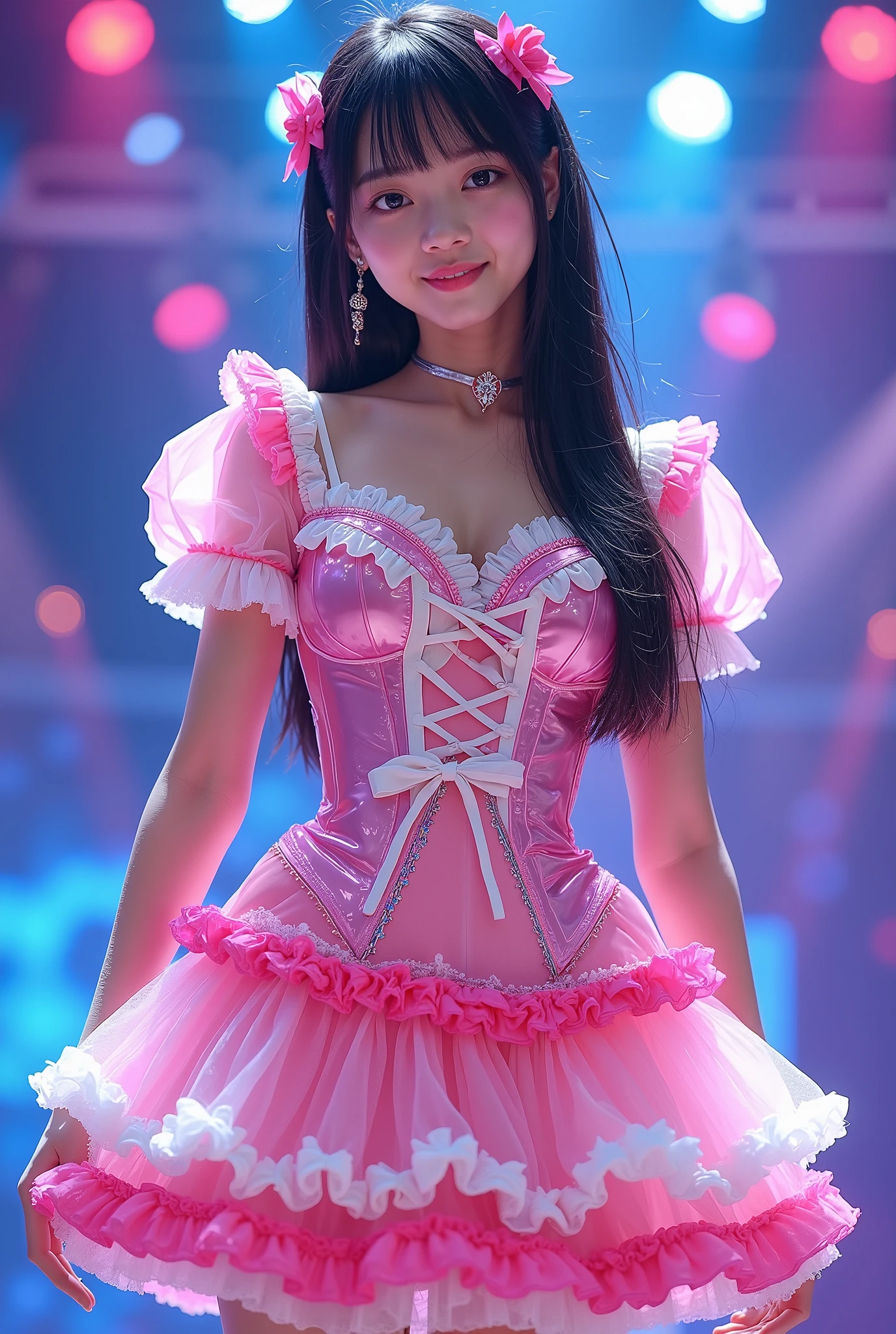 Create a highly detailed, realistic image of a young woman with long, dark hair styled with two small pink bows on either side. She is wearing a vibrant and transparent shinning glossy pink short dress that has a layered, frilly design with white ruffled edges on the sleeves and neckline. The dress has intricate lace-up details on the front, with white ribbons crisscrossing over the bodice. A large, white bow is tied around her waist, and the skirt is layered with multiple ruffles, alternating between white and pink frills. The upper part of the dress has a mix of white and blue accents, especially around the shoulders, giving it a lively, idol-like appearance. The girl’s expression is cheerful and playful, with a radiant smile, captured both in performance and posing with a slightly pensive look. Ensure that her outfit appears shiny and glossy, reflecting stage lights, and incorporate a vivid, performance-like atmosphere in the background.