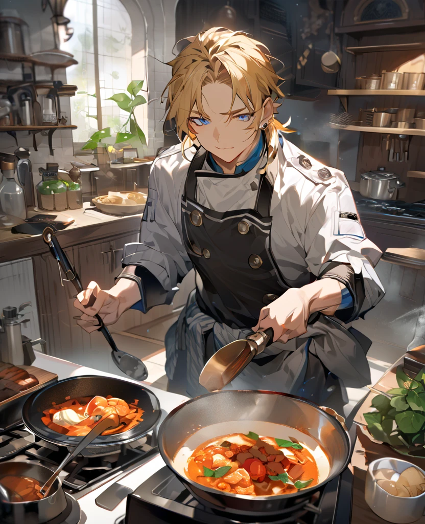 A 22 year old man, blond hair, yellow hair, blue eyes, chef's clothes, wearing a chef's hat, hands hidden, happy expression, medieval period, Ultra HD 4k, 4k, Ultra HD