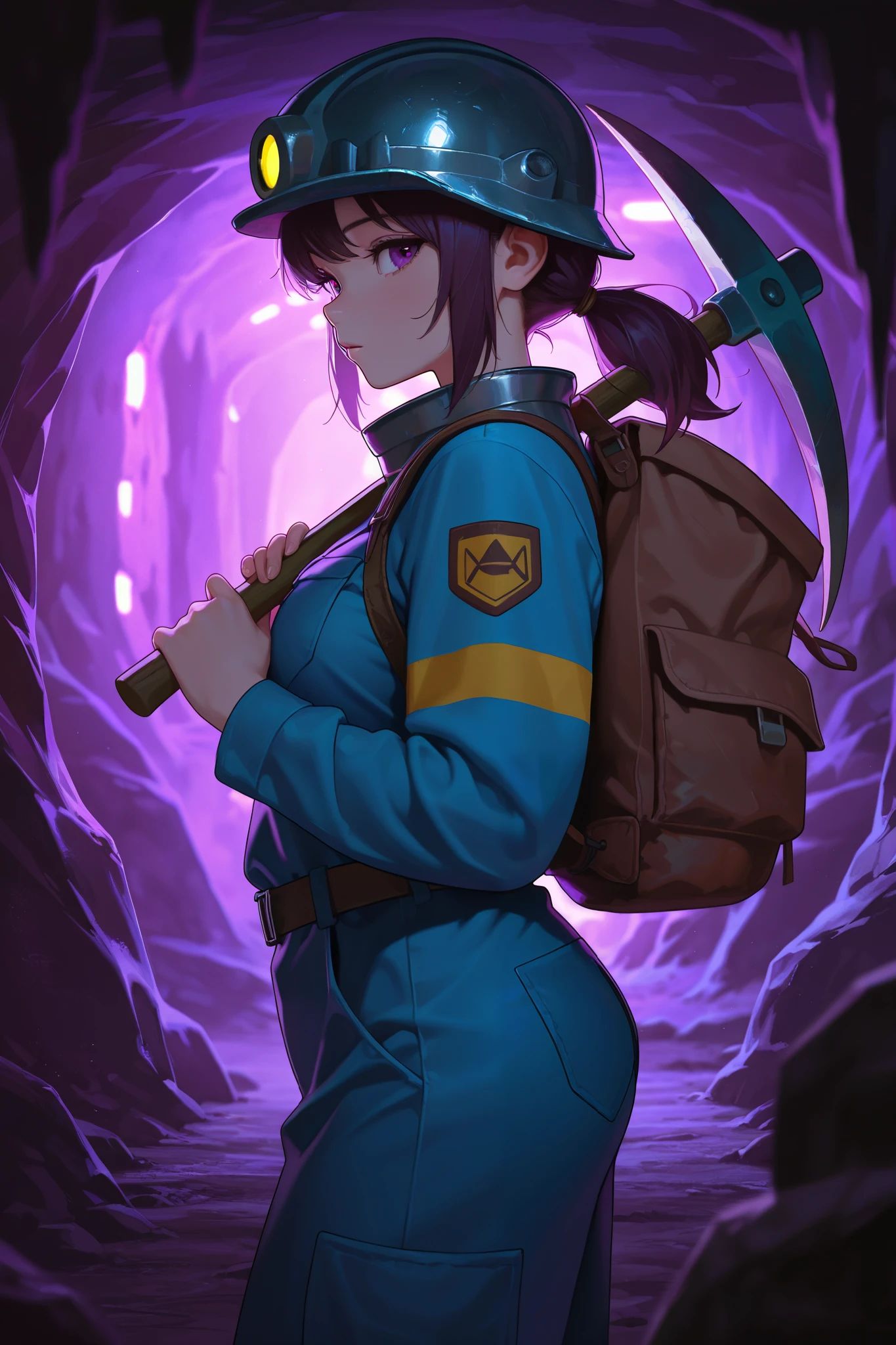 chibi style, masterpiece, best quality, amazing quality, very aesthetic, high resolution, newest, hyper-detailed, realism, from side, medium shot, 1girl, low ponytail hair, miner uniform, miner helmet, set in a cave, ore mine with shimmering ores, pickaxe on shoulder, looking at viewer, fan art, absurdres, depth of field, amazing background