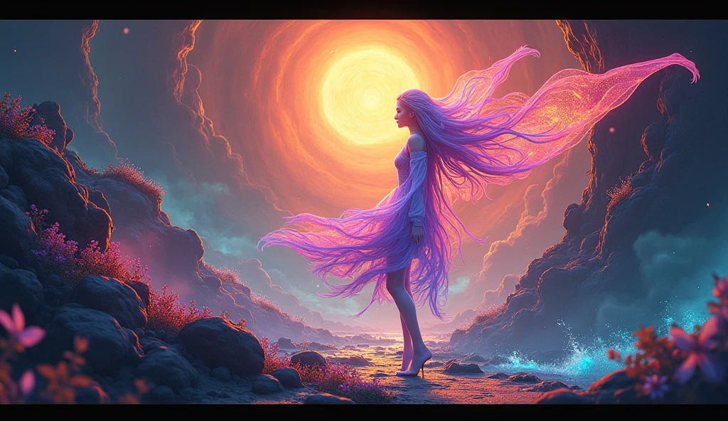 A night painting of an abstract ethereal semi - transparent woman walking on the beach with bioluminescent footprints in the sand among fireflies rainbow light impressive skies --auto --s2