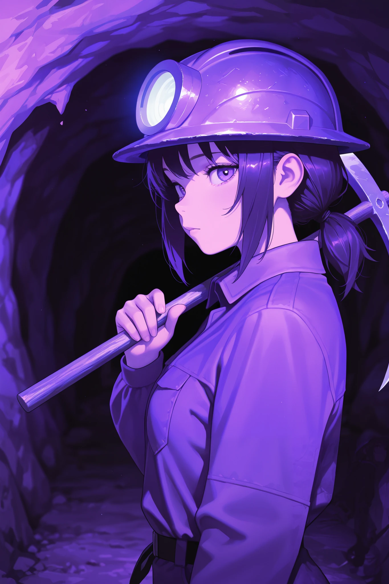 chibi style, masterpiece, best quality, amazing quality, very aesthetic, high resolution, newest, hyper-detailed, realism, from side, medium shot, 1girl, low ponytail hair, miner uniform, miner helmet, set in a cave, ore mine with shimmering ores, pickaxe on shoulder, looking at viewer, fan art, absurdres, depth of field, amazing background