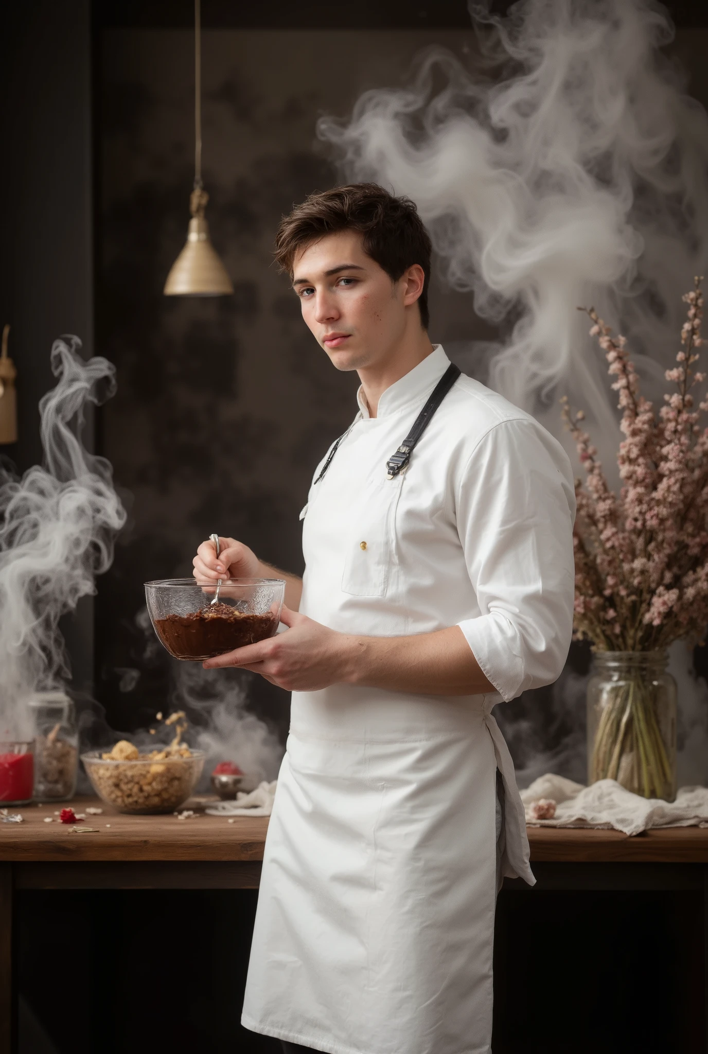 Neo-baroque style, oil pastel blend, young man\(with scar on cheek, melted chocolate on cheek, sharp eyes aiming at his prey, standing, holding cooking glass bowl in one hand and spatula in the other, mixing cooking bowl with spatula, wearing dangerous mafia outfit, white apron on top\), delicious melted chocolate in cooking bowl, side shot, modern kitchen background, vase with flower gift on the side, dangerous aura, dangerous smoke on ground and table, dangerous cooking scene, glamorous and luxurious setting, warm lighting bright rich color tones, exquisite details, dramatic lighting, intense expression, smoky atmosphere, UHD, retina, masterpiece, accurate, anatomically correct, textured skin, ultra detailed, high detail, high quality, best quality, high resolution, 1080P, HD, 16k