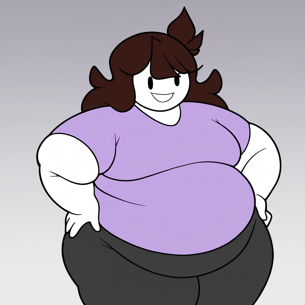 (masterpiece, best quality:1.2), extremely detailed, soft ambient lighting, sharp focus, 4K, BREAK 1girl, solo, jaidenanimations, purple t-shirt, black pants, long brown hair, white skin, BREAK simple background, white background, looking at viewer, smiling, hands on hips, blushing extremely, bending over, giant preggo belly
