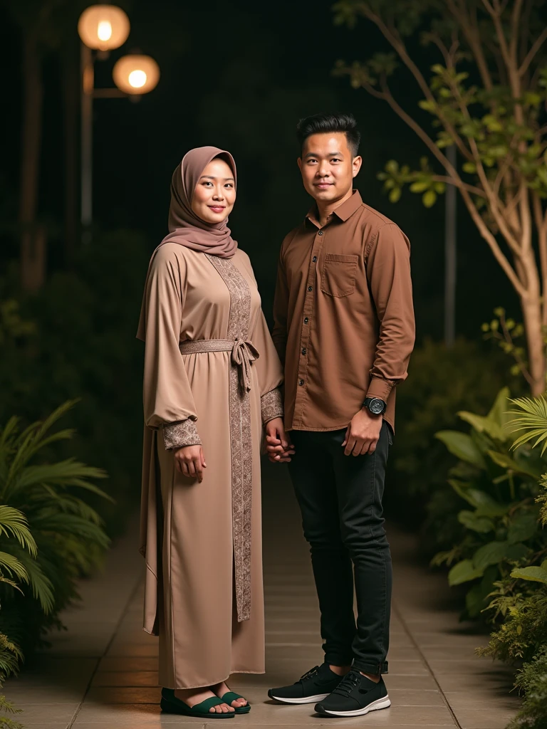 (masutepiece), (Best Quality), Realistic, Photorealism, romantic couple, malay men 30 years old in muslim cloth,  young malay girl in hijab wearing beautiful muslimah cloth  20 - 23 years old. malay men with beautiful girl with beautiful perfect body, huge breast, romantic. location: beautiful tropical river, professional photography, bright lighting, 28mm lens, Establishing shot, deep focus cinematography effect, Natural Lighting, pastel color grading, high quality, ultra detail, 8k resolution,