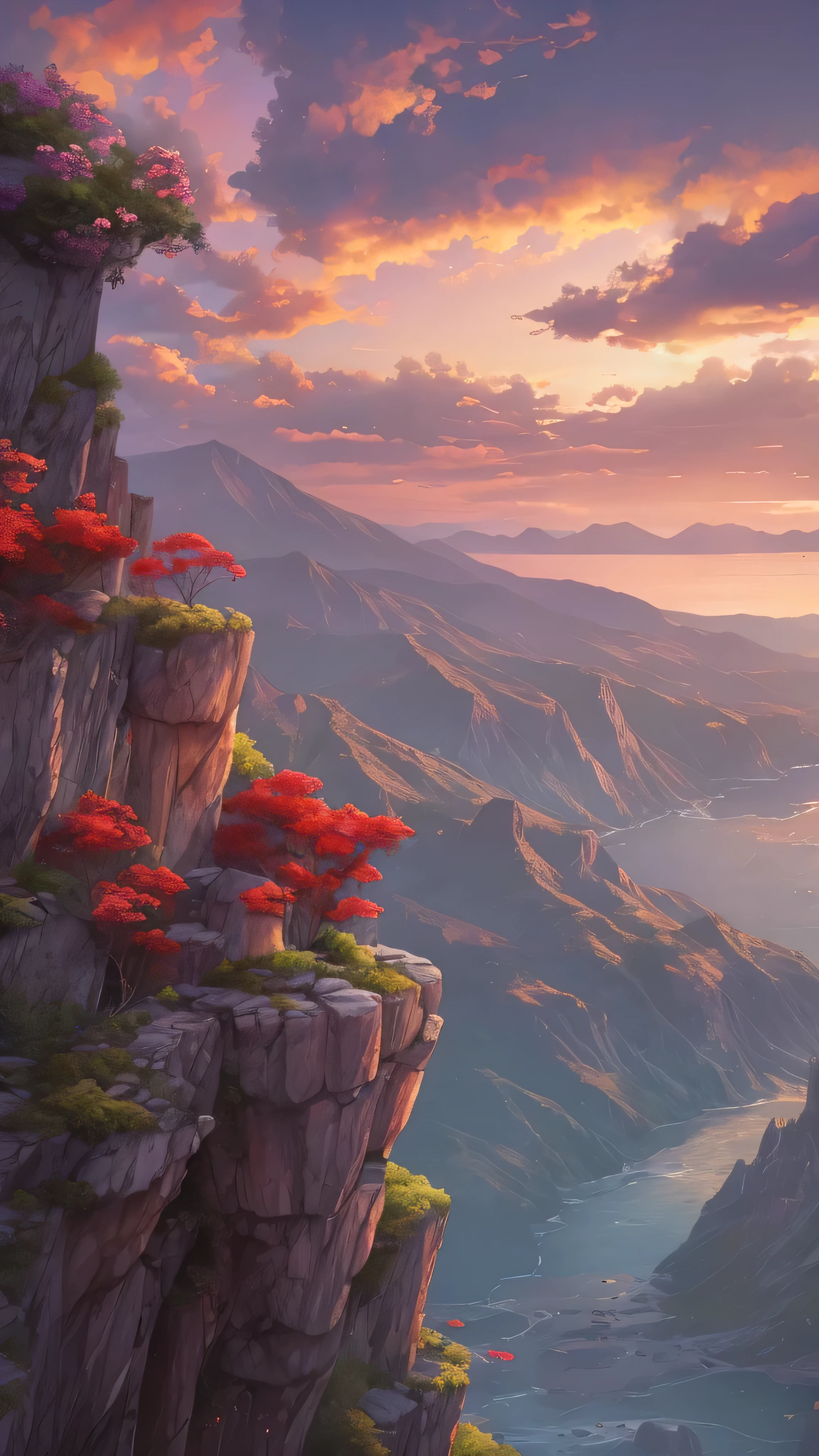 masterpiece, 最 high quality , high quality , Hi-ResCG Unity 8K 壁紙 , Scenery, outdoor, null, cloud, null, not human , Mountain, scenery, Deep Blue Sea、water, tree, cliff, nature, river , cloudy skies, cliff , Award-Winning Photos Cuddling From Behind, embellished red vest , Hi-Res ,Red Rose , Color Difference, photorealism , Tall very detailed , art station trend, CGSociety trends , complicated , high detail, dramatic,