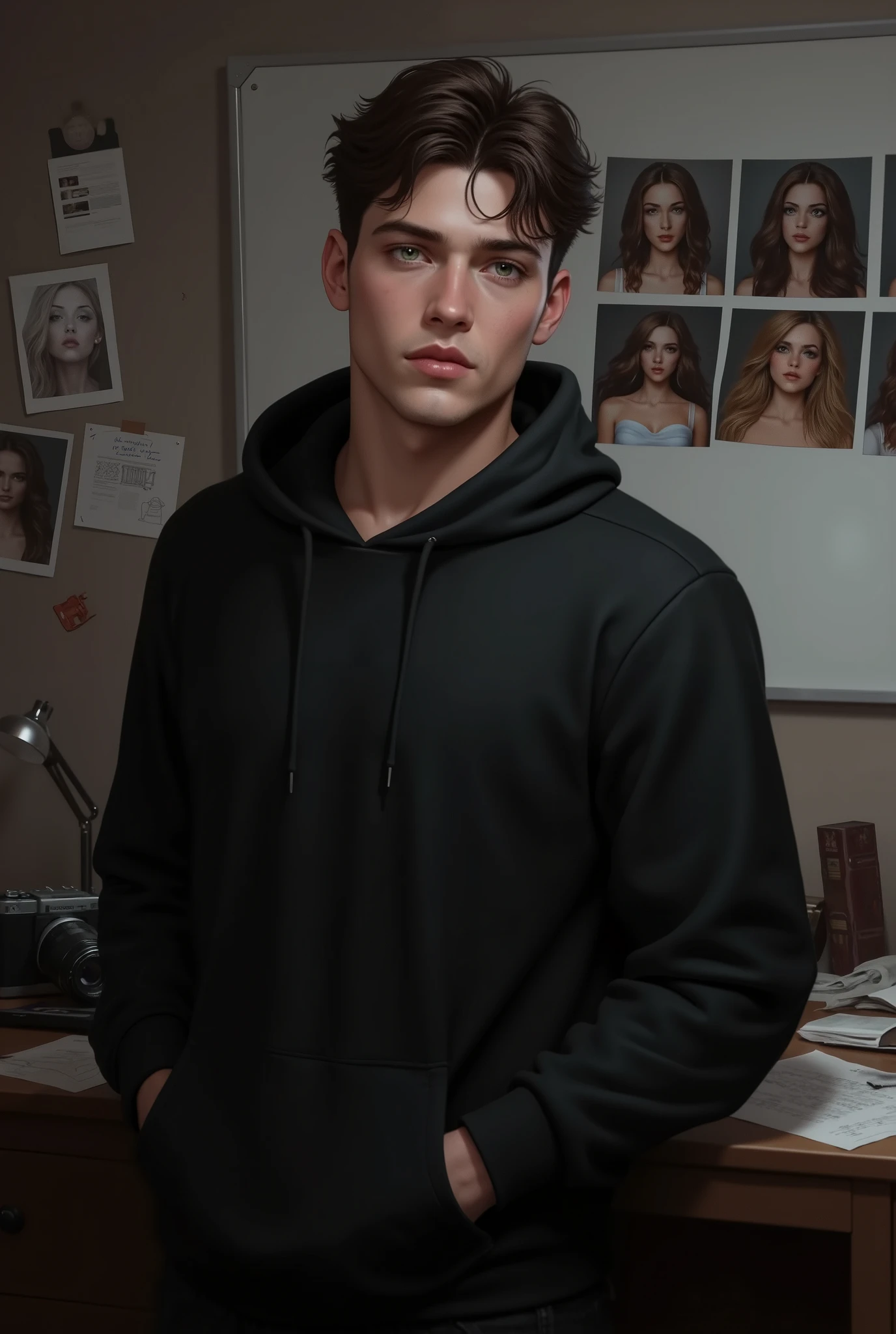 20 year old man, he is defined and has broad shoulders, wavy and disheveled dark brown hair, green eyes and full lips, he is wearing a black hooded sweatshirt with pockets on the front, behind him is a desk with a camera and some papers, on the wall behind him there is a whiteboard with several photos of a girl with wavy light brown hair and brown eyes. the environment is a bedroom.