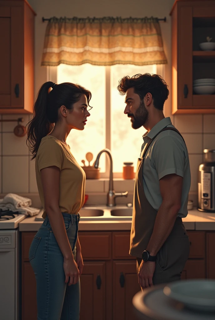 The scene is set in a monochrome sketched style. Manav is the husband, and K is his wife. Scene 1: Kitchen Encounter
Panel 1: K is cooking and Manav enters the kitchen, sneaking up behind K.
Panel 2: He playfully covers K's eyes.
Panel 3: Startled, K swings a frying pan at him.
Panel 4: Manav falls to the ground, and K realizes her mistake.
Panel 5: K sits beside Manav, embracing and kissing his cheek.
Panel 6: They exchange playful banter.