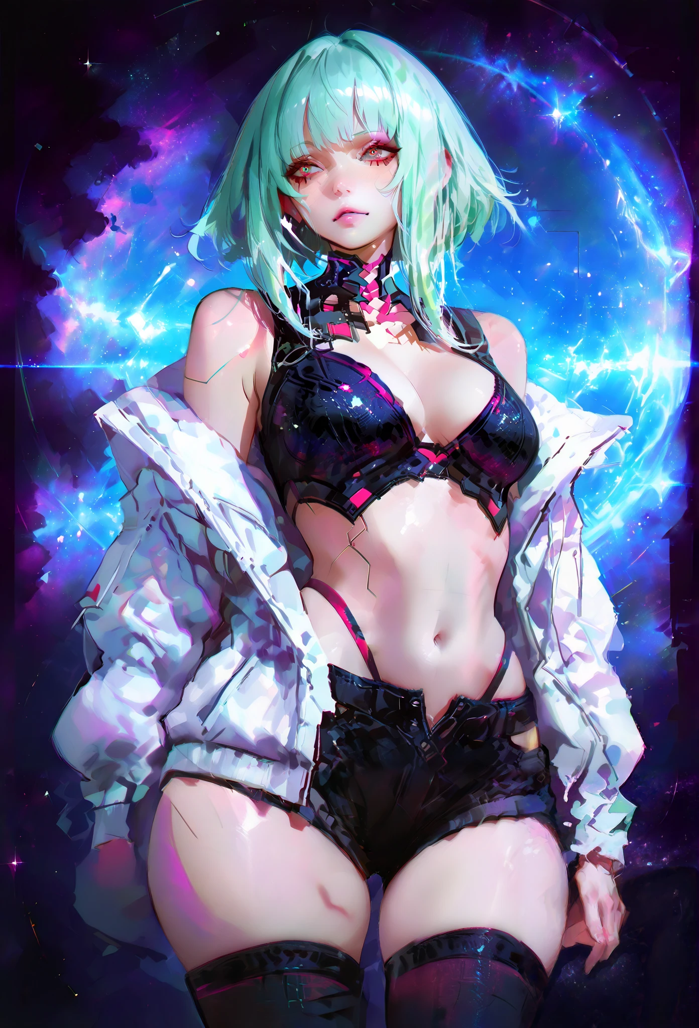 Anime woman in night city with colored lights shining on her skin, short white and pastel blue pink colored hair, pastel purple eyes, dyed pastel colored hair, hair naturally white, highly detailed background, 8k wallpaper, (detailed face and eyes:1.4), (detailed hair:1.3), (warm lighting:1.5), (dynamic angle), (dynamic pose), (dynamic background), (visceral experience), intense emotion, high detailed eyes, (shadows), (RGB LED lighting), short hair, hair naturally white dyed pink blue and green, colorful lights glow, cyberpunk edgerunners, skimpy outfit, exposed midriff, high hipsters, red eyeshadow.