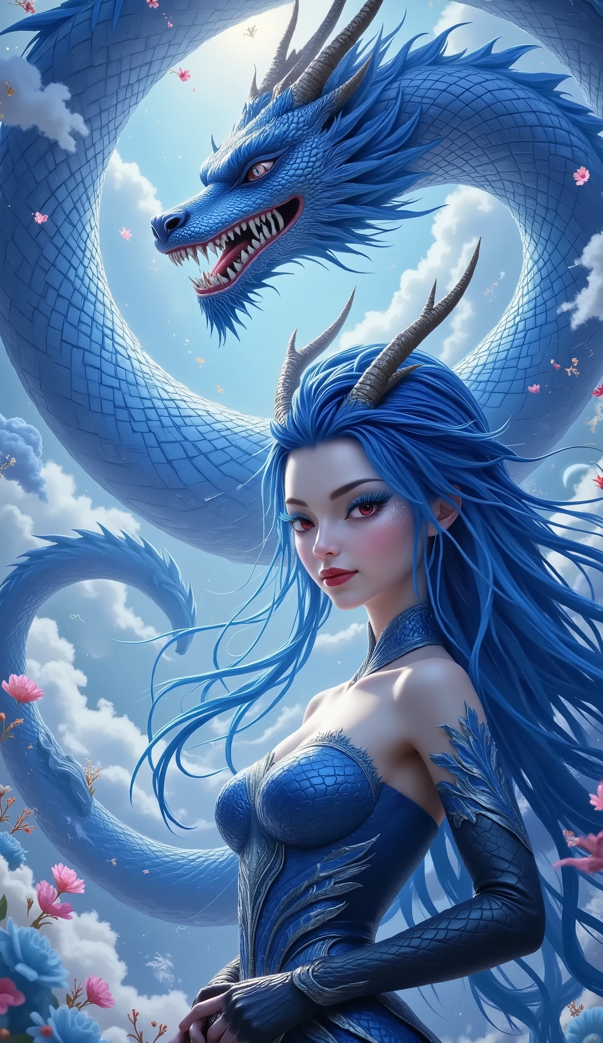 Movie Poster :Beautiful dragon girl, red eyes, blue睫毛, red lips,Scales on the cheeks, proud expression, blue长发,Dragon Horn,Long gloves,Tube Top Dress。The ferocious Chinese dragon in the air, strapless。 blue。Flowers,ice,fireworks