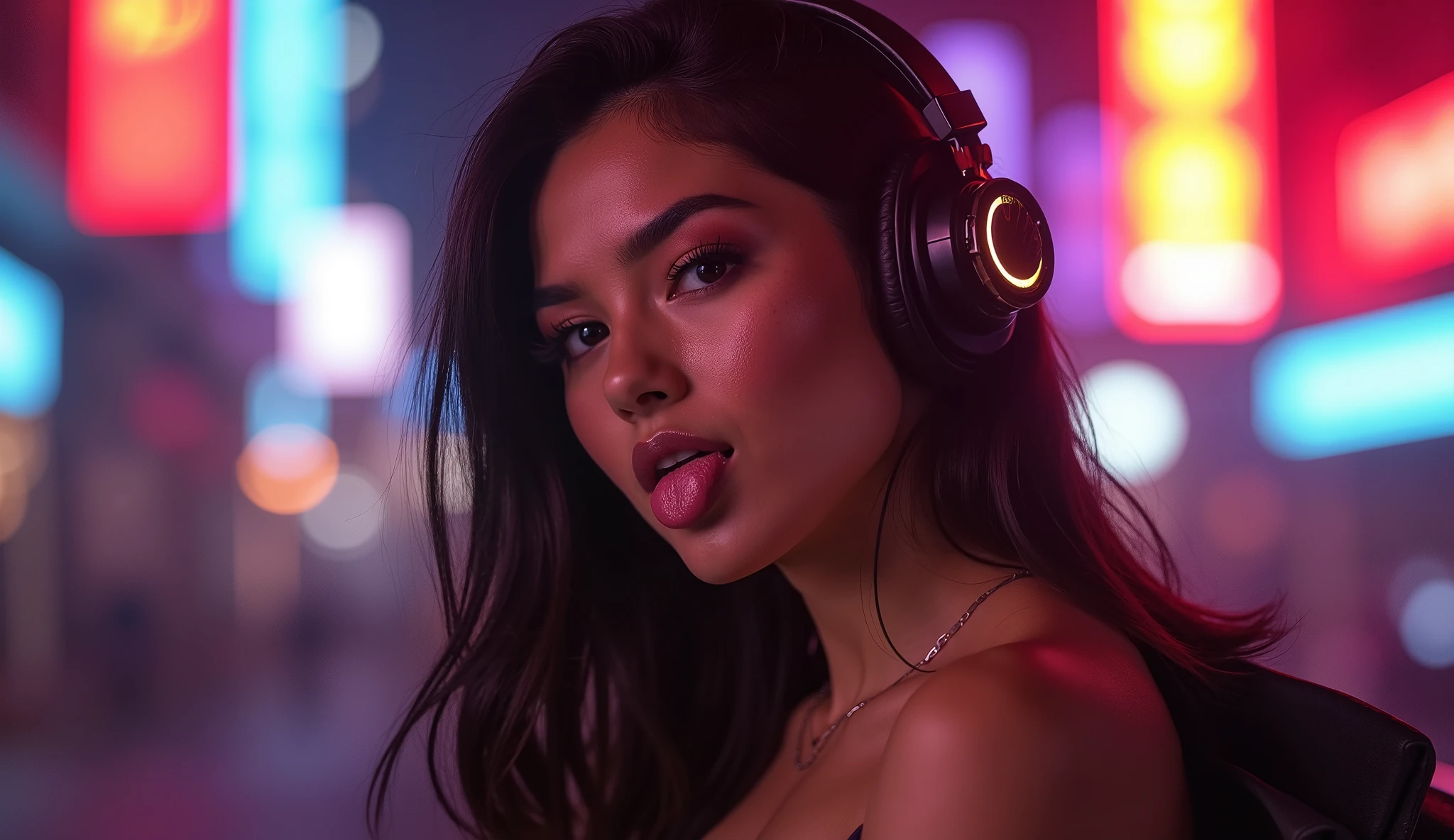whole body、 beautiful collarbone、 stick out your tongue、Stick your tongue out、ヘッドフォンをしているBeauty、The best photos for TikTok、Beauty、 dynamic angle to appreciate pussy、ヘッドフォンをしているBeauty、Night city background with neon lights