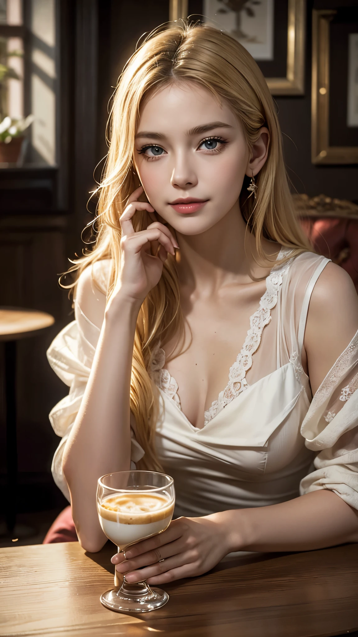 (photo realistic), highly detailed, Award-winning photography, Sharp focus,
A beautiful Scandinavian woman,
extraordinarily beautiful face, blond,
She is resting her chin on her hands, listening to her friend's entertaining stories,
has a very happy expression,
(looks straight ahead),
is in a coffee shop,
and on the table is a parfait glass with a straw and parfait spoon stuck in it,
