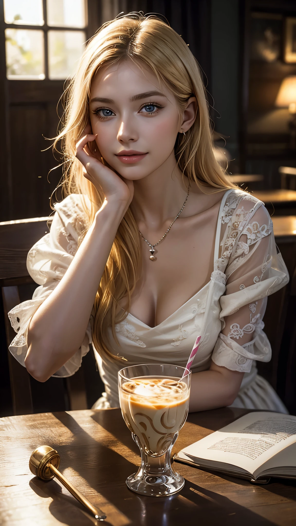 young beautiful blonde woman in a cafeteria