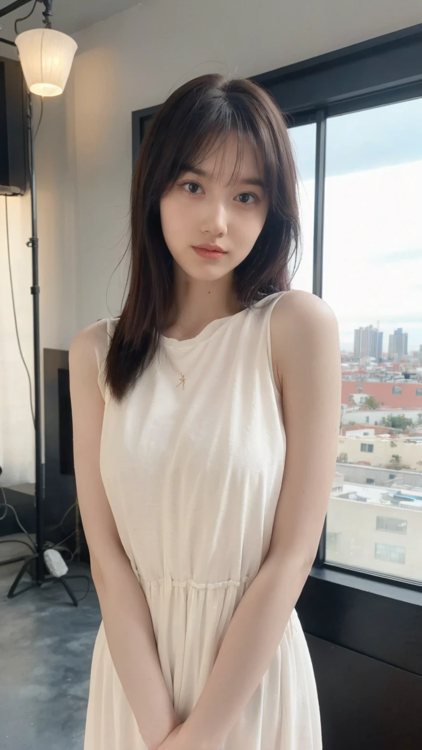 Top quality 1 woman See-through tops、big breasts、Plump thighs、Navy Camisole、(White wall as background、Part of her hair is sky blue:1.4)、white wall、Taken in front of the white door、(A room with a white wall and a window)、((highest quality、8K、masterpiece:1.3))、ultra high resolution、(photorealistic:1.4)、raw photos、Japanese,(details face)、real、Shot in natural light、Highly detailed face and skin texture、highly detailed lips、correct state of the human body、medium hair、black hair、various poses、natural color lip、leaning forward