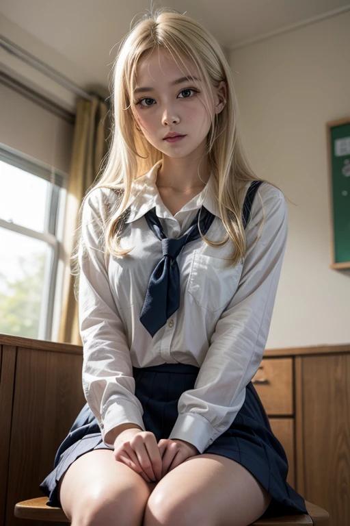 16K quality、最high quality、High resolution、Real photo、(Ultra-realistic、Photorealistic)、((Full body portrait))、(((とても美しいBlondeのティーンエイジャー)))、 ((sitting on a chair in the classroom))、 (((Blonde)))、 ((Shiny Hair、One ear stuck out、Medium length hair))、(blue eyes)、((Idols in Nogizaka uniforms))、blazer、Neck ribbon、Checked mini skirt、Brown Loafers、(Big eyes、Very beautiful and modest makeup、Light makeup、Blondeの美しい髪)、((She spread her legs、ミニスカートをまくり上げてWhite pantiesを見せています。))、((Don't hide your panties))、(White panties)、Highly detailed eyes and face、Well-groomed nose、Thin eyebrows、(Perfect Eyes)、Perfect hands、Perfect Fingers、 (F cup big breasts)、はっきりしたdouble eyelid、Wide Eyes、A clear, beautiful face and well-proportioned eyes、(Very beautiful and modest makeup、Light makeup、Well-groomed nose、Thin eyebrows)、Boundary Light、(Soft Light、high quality、Smooth and sharp、10x pixelation、Beautiful eyeshadow)、((NSFW))、((Ecstatic expression、reach sexual climax))、mouth hanging open、Sexy mouth、(Cute Japanese Girl)、smile、Fine and beautiful lips、Cute round face、Plump thighs、Accentuate your thighs、Hairstyle with bangs、Slender body、slim、Light-reflecting skin、Model-like body、Fine fingers、Beautiful Eyes、Long eyelashes、8Head to Body、Low - Angle、Light reflected in the eye、Small face、double eyelid、Big eyes、Lip gloss、looking at the camera、Background blur、Cinema lighting from the front、light falling on face