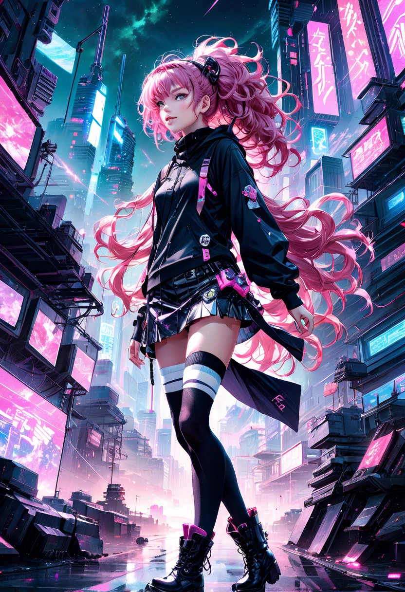Shooting from below, break, Dystopian city with pink and purple neon signs and holograms projected on buildings and in the sky, break, Beautiful slim figure, lipstick, Purple glasses, Long Red Hair, Twin Blade, Short skirt, break, night, Cyberpunk aesthetic, 非常にdetailedな照明, dramatic, 8k, High definition, Skin Texture, リアルなSkin Texture, armor, Highest quality, 超High resolution, Photorealistic, High resolution, detailed, RAW Photos, break, Realistic anatomy, goddess, g string, Knee socks, Full Body Shot, Feet close-up, Worst camera angle, 4K