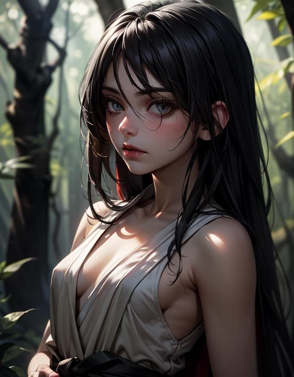 Best image quality, threaten, Holding a spear, primitive, Primary forest, In underwear, ""Primitive clothing"", woman, Black Hair, Tying up hair, paint