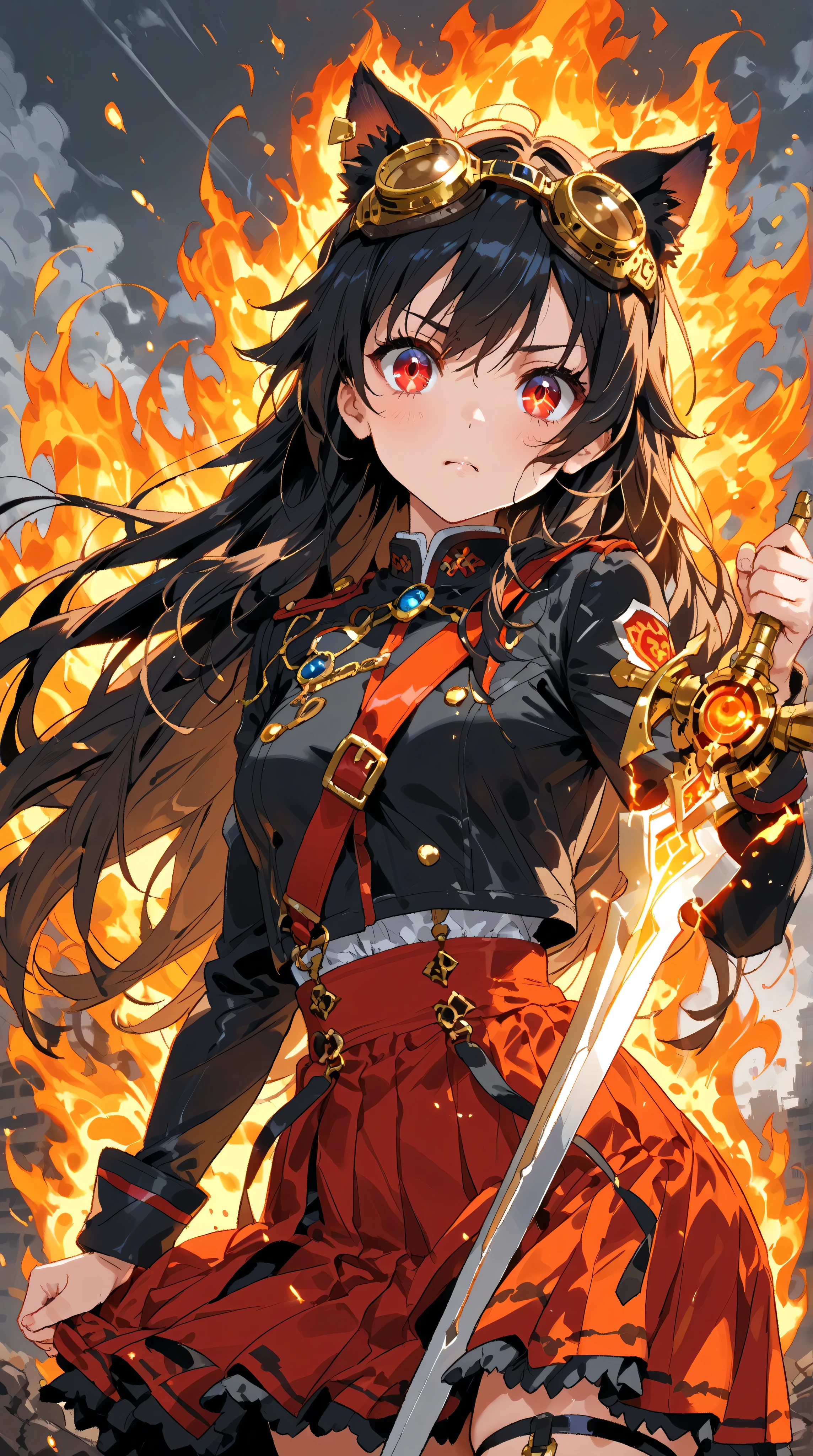   1girl  , (Face focus and zoom:1.4).
 has mature dignity and strength 、 Manipulate Fire with a Single Wave of Arms 、 creates an elaborate sword with that momentum 。What are the characters and backgrounds drawn in detail、 lyrical power and Combining elegant beauty 、 The outline of a sparkling hologram shines brightly 。 crimson eyes reflect hidden passion and intelligence 、 style make its presence stand out even more。

(Goggles and cat ears ,  WOMEN AROUND THE WORLD ALWAYS WEAR GOGGLES AND CAT EARS ,  she is cutting-edge WEAR GOLD GOGGLES :1.2).
 futuristic gold goggles and cat ear accessories make the long jet black hair dancing in the 、 symbolizes individuality and refined strength 、 has a visual impact 。

( beautiful, straight, jet black long hair ,  red eyes:1.2).The well-worn black military uniform and red skirt are characteristic、 with battlefield aesthetics and bold energy 、 express mature beauty and graceful strength 。 strong eyesight and serious expression。( The aura of flames surrounding her、It's releasing。Expressing the energy of thunder plasma mixed with flame。:1.2)

background:
The stage is、 the ruins that once boasted glory and ruins huge Urban 。 skyscrapers on the verge of collapse 、Burnt Streetscapes 、 weeds that grow on cracked asphalt 、 tells the story of the intersection of melancholy and hope 。 scattered rubble and decayed trains 、 quietly show traces of past glory and turbulent battles 。 while heavy gray clouds and lightning color the sky 、 Her Burning Sword of Fire 、 accentuate majestic energy and the power of adults 。