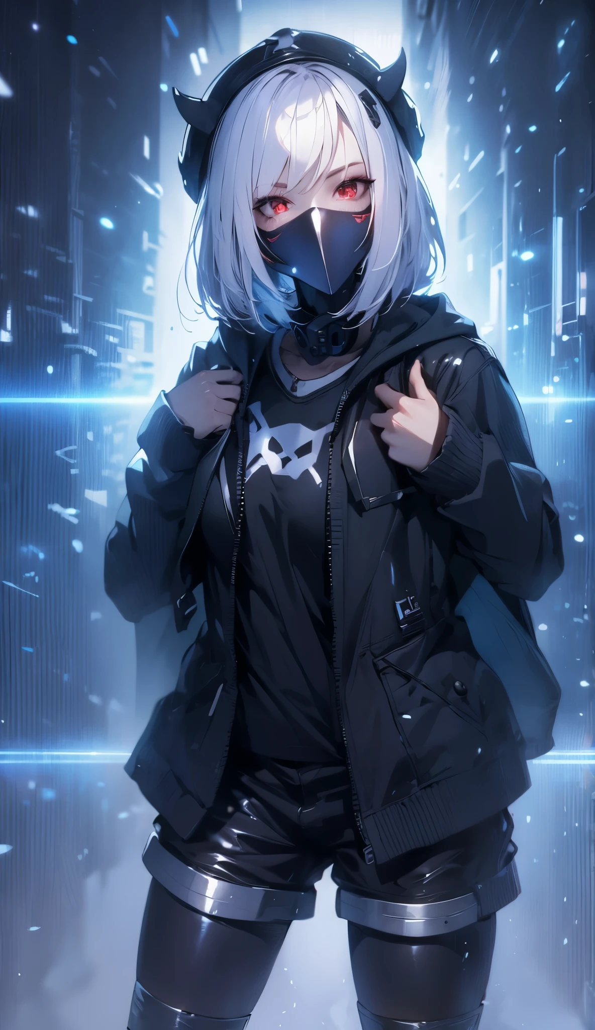 1girl demon, solo, japanese cape, undercut short hair, weapon, tattoo, red eyes, looking at viewer, labios grossos, white hair, lips, on hip, sheath, upper body, closed mouth, sheathed, hand up, full body, tech futuristic gas mask
