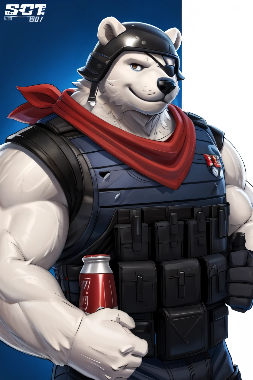 score_9, score_8_up, score_7_up, polar patroller, polar bear, 1boy, bara, large pectorals, helmet, eyepatch, red bandanna, half body. armor vest, standing, posing, holding cola, looking at viewer, smiling, giving thumbs up,