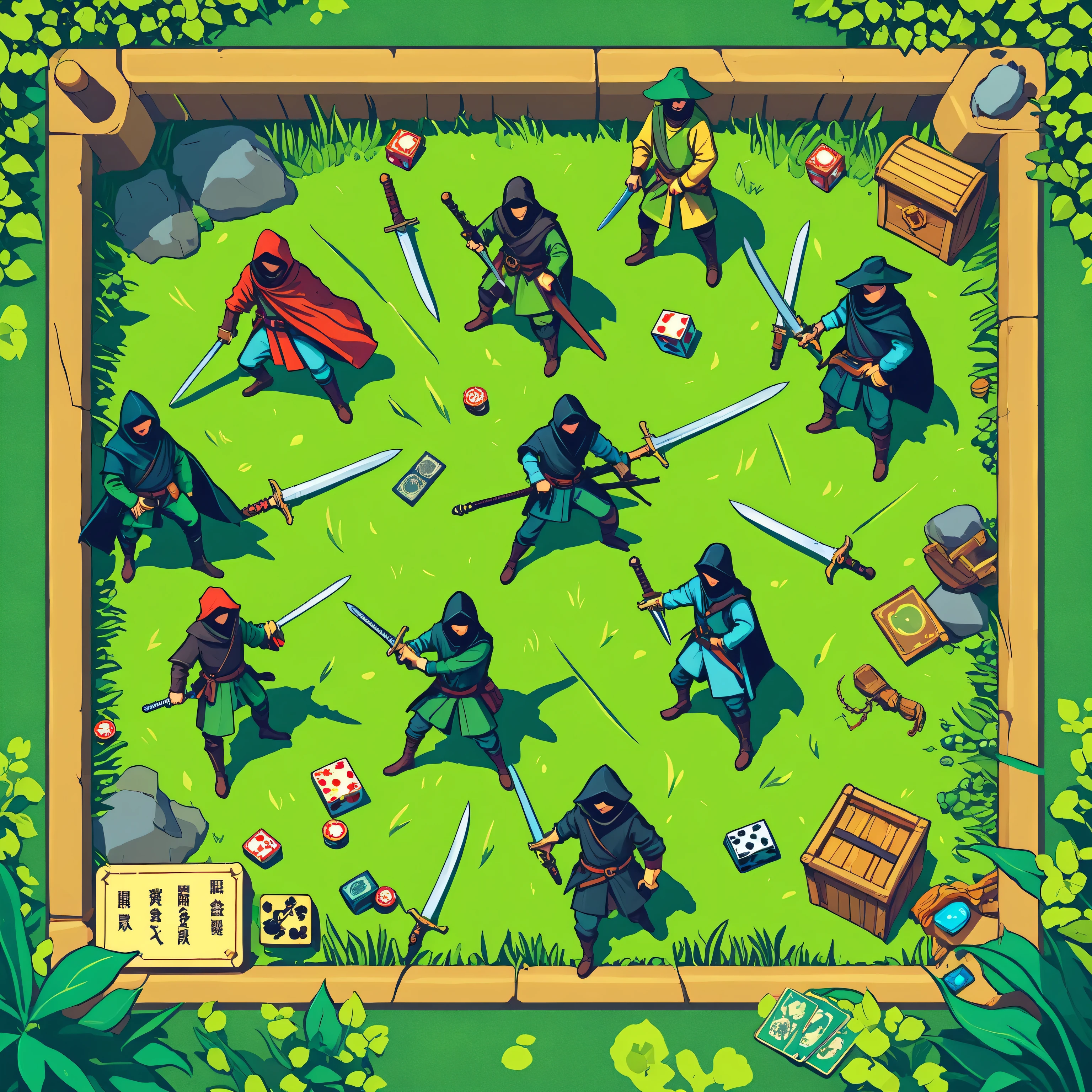 robbers with daggers and swords, board game card, top view, several robbers, robbers on a green field