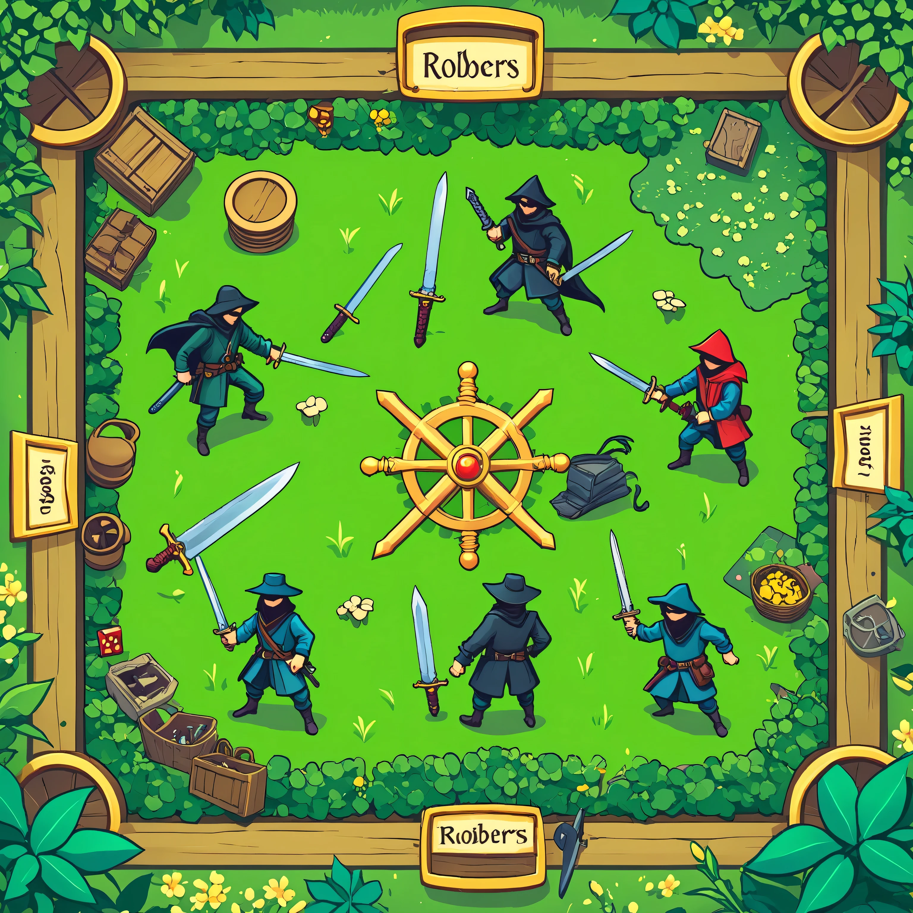 robbers with daggers and swords, board game card, top view, several robbers, robbers on a green field