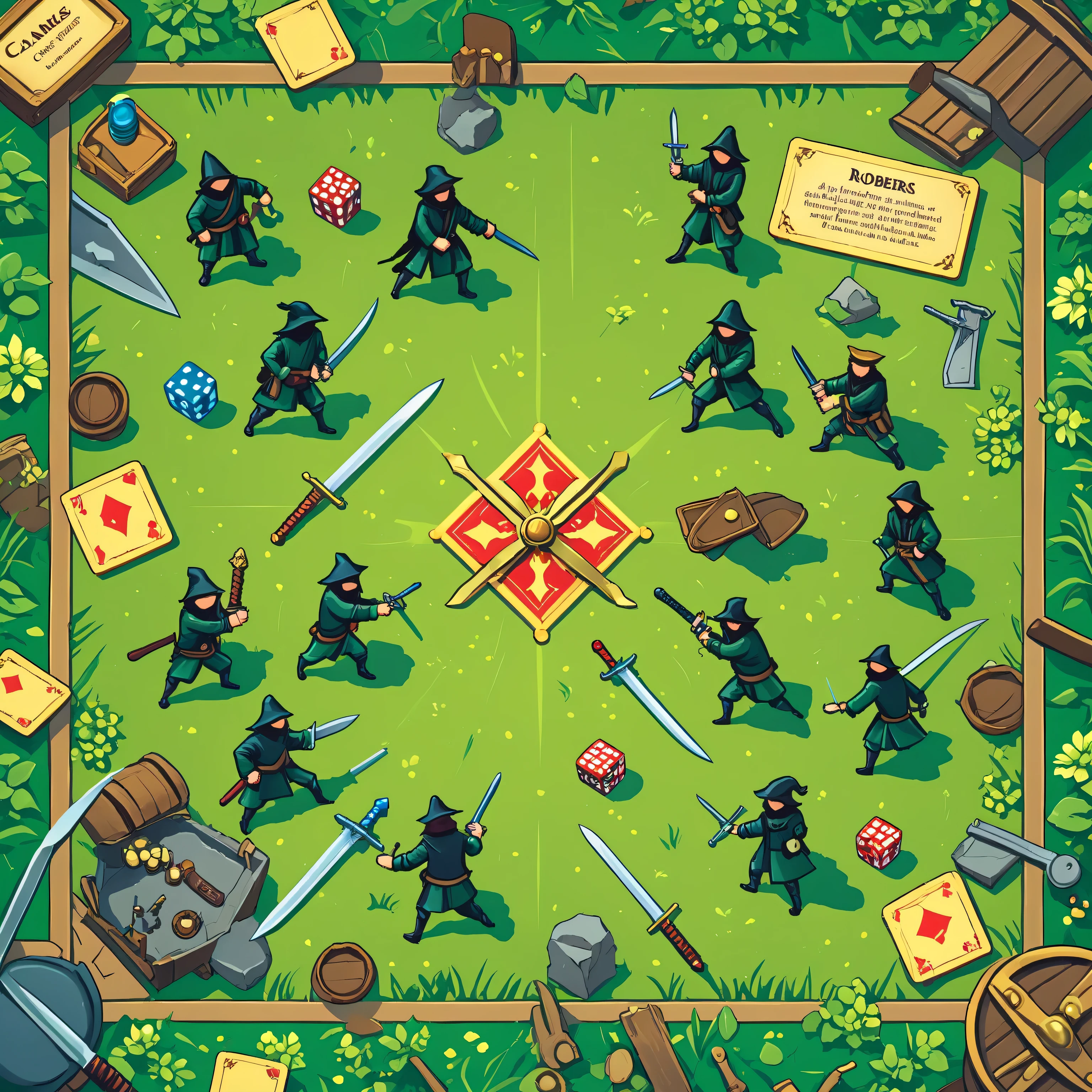 robbers with daggers and swords, board game card, top view, several robbers, robbers on a green field