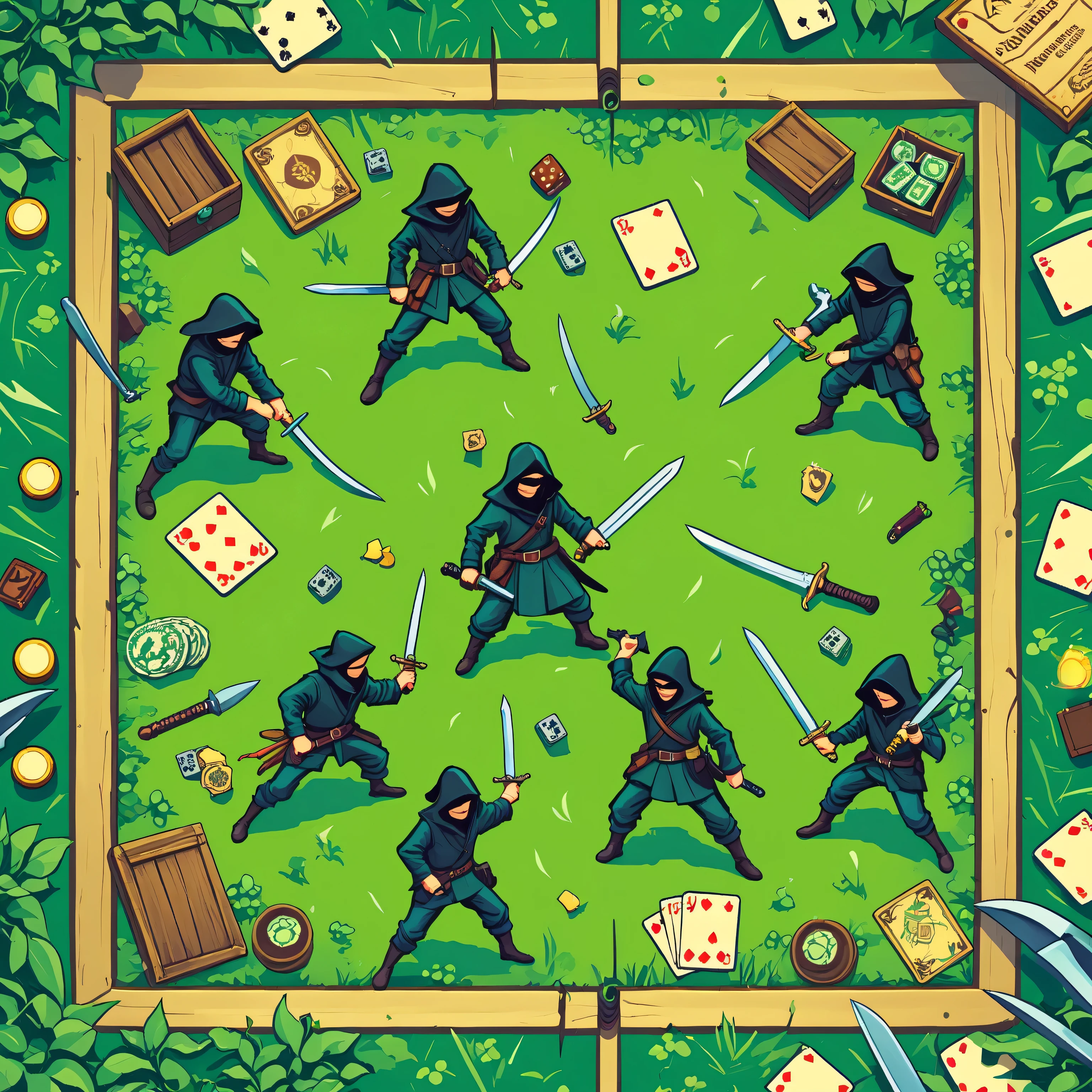 robbers with daggers and swords, board game card, top view, several robbers, robbers on a green field