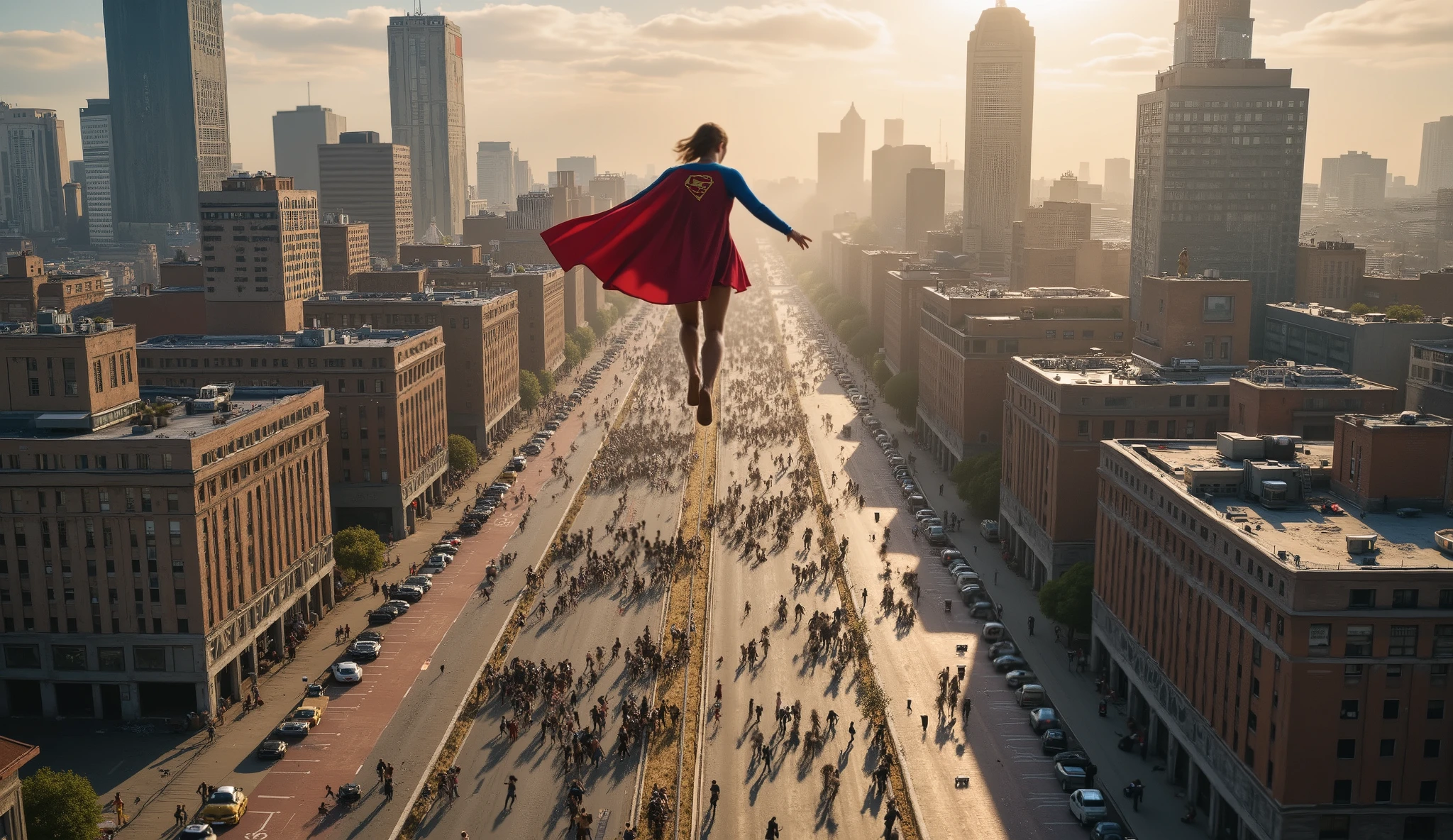 Zombies are attacking the people of city, supergirl flying in the sky, dron view from top
