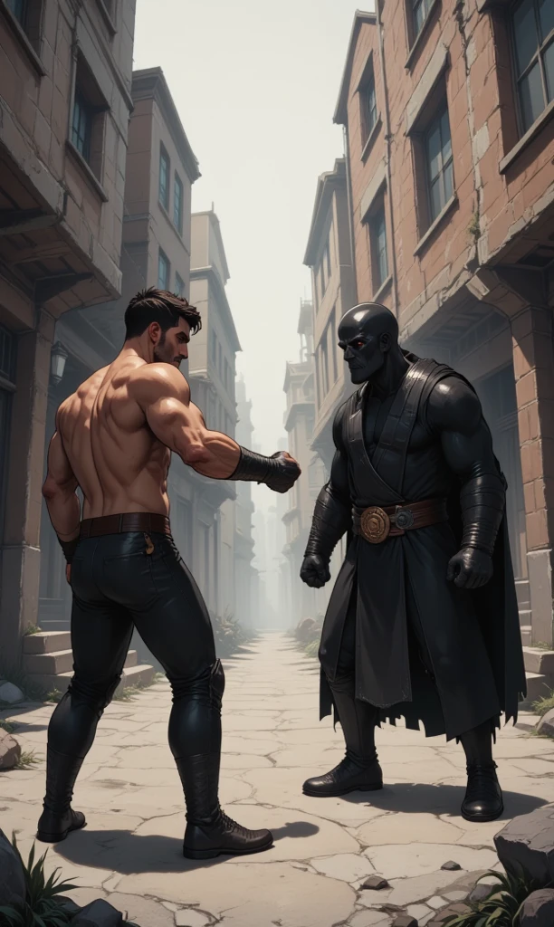 2 men fighting, bulge, man kicking bulge, high quality image, super detailed image. super realistic image, background ring, fight scenery