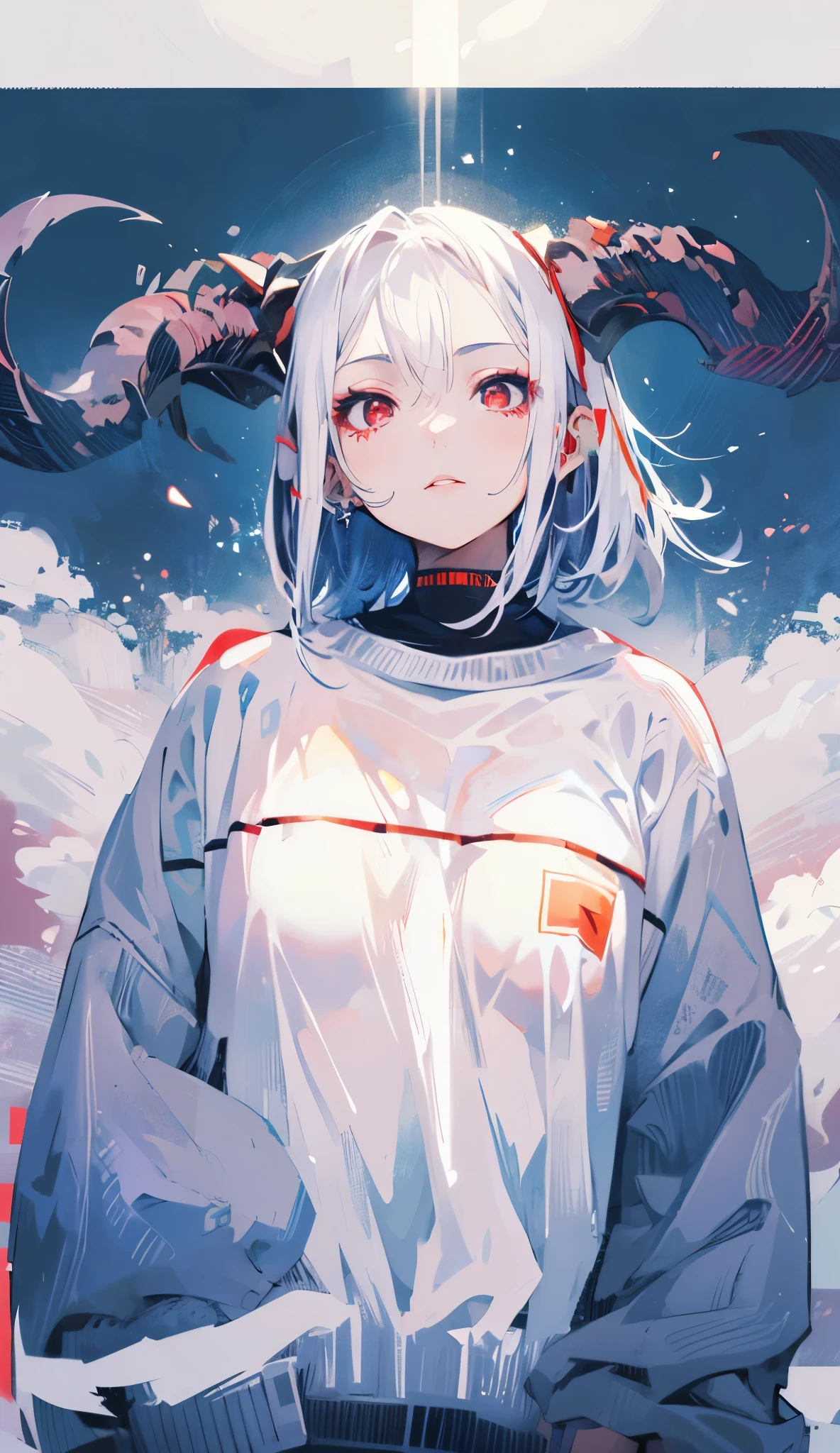 1girl demon, solo, big horns demon, japanese cape, undercut short hair, weapon, tattoo, red eyes, looking at viewer, labios grossos, white hair, lips, on hip, sheath, upper body, closed mouth, sheathed, hand up, full body, tech futuristic gas mask