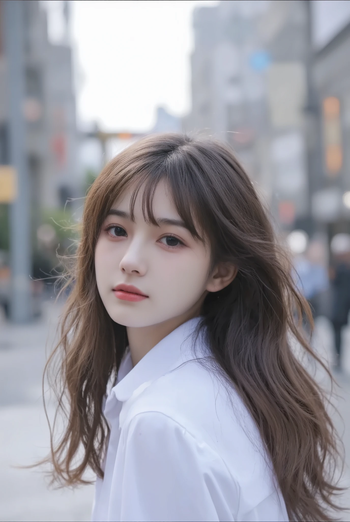 ( masterpiece, top quality :1.2), 1 female, Around town, white shirt,cute face , long hair, her hair is wavy, high school girl, Cinematic Lighting , focus on her face , Background Blur, great atmosphere