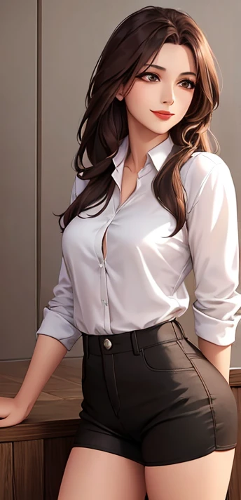 a gorgeous woman wearing a white silk shirt with a deep v neck, brown leather pants, and a belt, cinched waist, dramatic lighting, photorealistic, high fashion editorial, Lucy Liu
