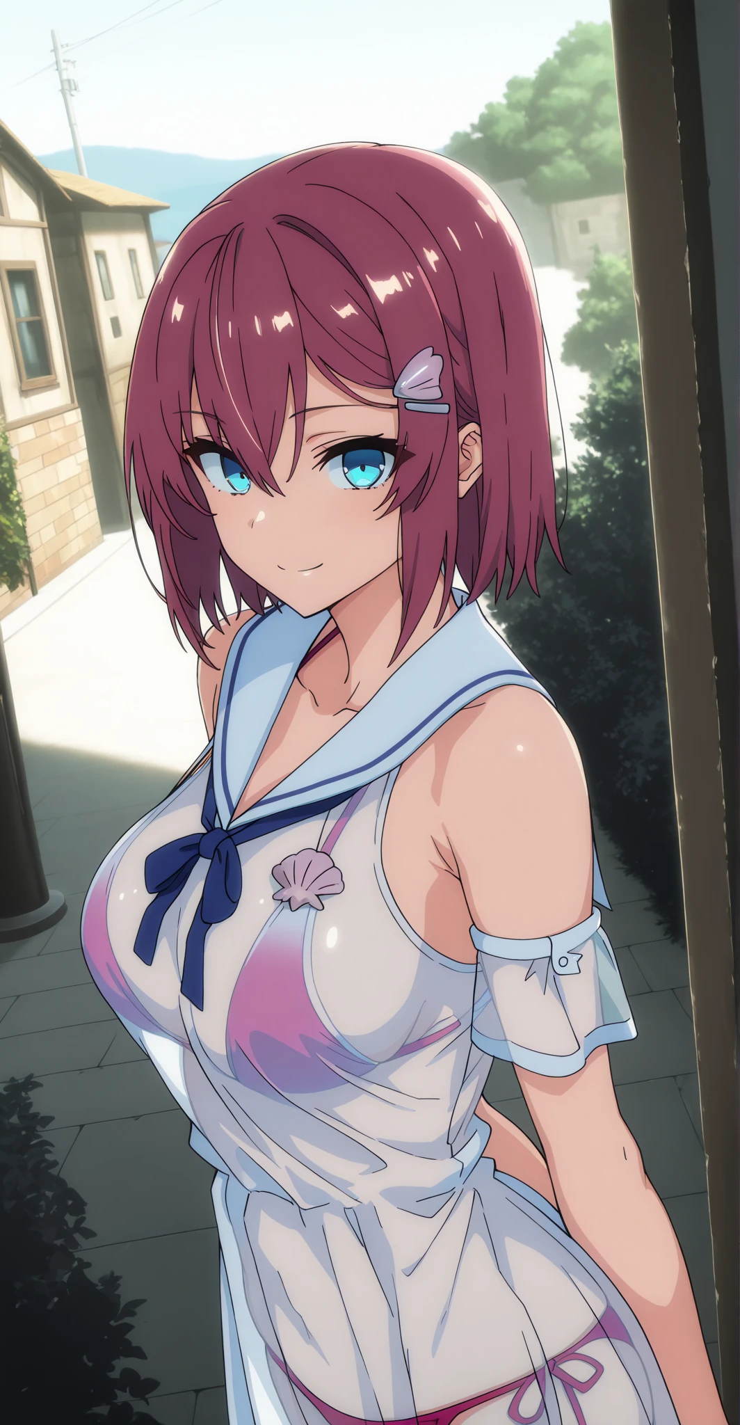 Masterpiece, (Best quality: 1.3), 8K, Wallpaper, Depth of field, (One woman, Medium red hair, Purple eyes: 1.5), (Bra visible through wet summer Otonokizaka uniform: 1.3), (Don't flip up wet summer Otonokizaka uniform, fully clothed with long top down to waist), ((Closed mouth)), Sheltering from rain under roof, Blushing, ((Small breasts, Cleavage)), (Collarbone), (Navel), (Pleated skirt, Short sleeves, Viewer's point of view), id_maki_nishikino