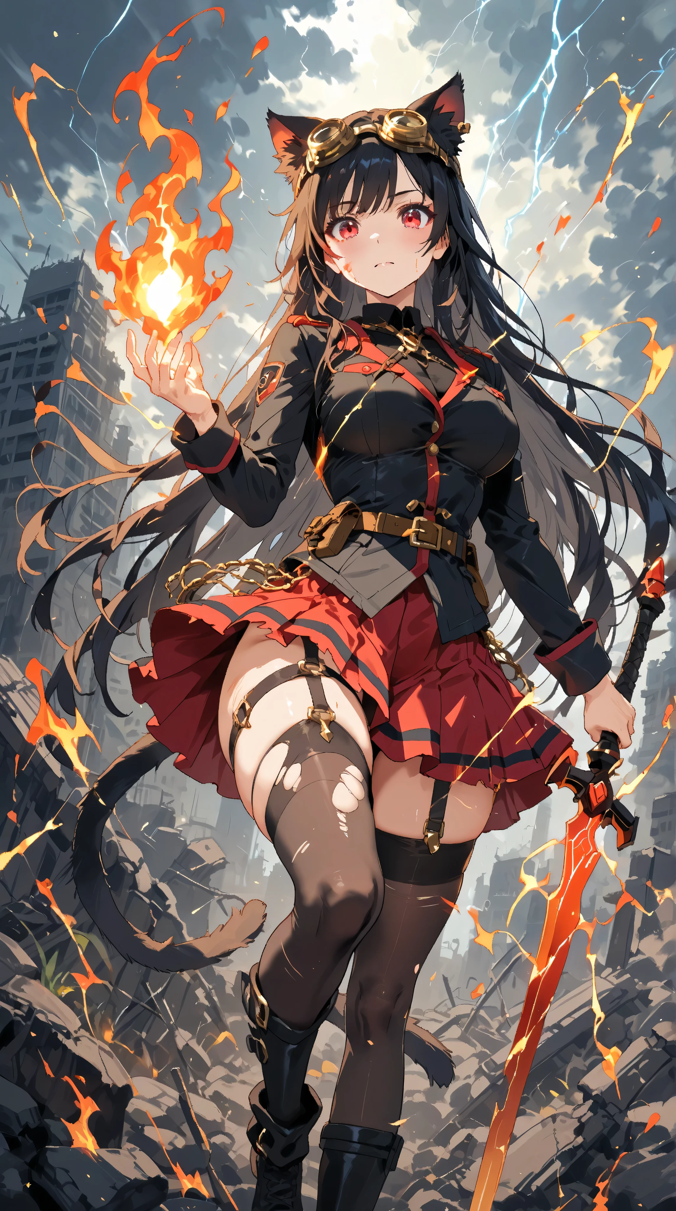 1girl , (Face focus and zoom:1.4).
has mature dignity and strength 、 Manipulate Fire with a Single Wave of Arms 、 creates an elaborate sword with that momentum 。What are the characters and backgrounds drawn in detail、 lyrical power and Combining elegant beauty 、 The outline of a sparkling hologram shines brightly 。 crimson eyes reflect hidden passion and intelligence 、 style make its presence stand out even more。
(Goggles and cat ears , WOMEN AROUND THE WORLD ALWAYS WEAR GOGGLES AND CAT EARS , she is cutting-edge WEAR GOLD GOGGLES :1.2).
futuristic gold goggles and cat ear accessories make the long jet black hair dancing in the 、 symbolizes individuality and refined strength 、 has a visual impact 。
( beautiful, straight, jet black long hair , red eyes:1.2).The well-worn black military uniform and red skirt are characteristic、 with battlefield aesthetics and bold energy 、 express mature beauty and graceful strength 。 strong eyesight and serious expression。( The aura of flames surrounding her、It's releasing。Expressing the energy of thunder plasma mixed with flame。Lightning thunder-popping effects:1.2)
background:
The stage is、 the ruins that once boasted glory and ruins huge Urban 。 skyscrapers on the verge of collapse 、Burnt Streetscapes 、 weeds that grow on cracked asphalt 、 tells the story of the intersection of melancholy and hope 。 scattered rubble and decayed trains 、 quietly show traces of past glory and turbulent battles 。 while heavy gray clouds and lightning color the sky 、 Her Burning Sword of Fire 、 accentuate majestic energy and the power of adults 。
