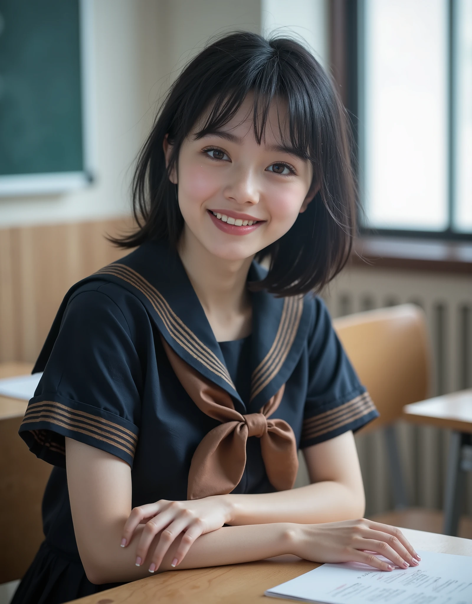 (Canon), (EOS R5), (50mm), ((( photorealistic in the classroom during breaks:1.5))), (No lens flare :1.5), ((超 Hi-Res)), ( Masterpiece), accurate,( by Nomiな質感の肌), super detailed, high detail, high quality , Award-winning work , 最 high quality, 32K, depth of field on the shoulder, digital camera, award-winning glamour photos , professional lighting, (SFW), ((最 high quality:1.5)), (( Masterpiece:1.5)), (( by Nomi)), Hi-Res, by Nomiな影, Roughness, Real Life,( very beautiful and cute 1 Japanese woman ), ((Very young and petite:1.8)), ((Quite ish:1.8)), ( cute Japanese top idol ), ((Upper body shot seen obliquely from the front :1.5)), (( upper body shot from head to knee :1.5)), ((A cute Japanese high school), (( middle school classroom, desk, chair, blackboard, and window visible )), (((Navy blue short sleeve sailor suit with dark blue collar and 3 brown lines :1.8))), (((襟と胸当てが紺色で3本の茶色ラインがある半袖の紺色夏服セーラー服と dark blue flare skirt を着て椅子に座っている:1.8))), (( short sleeve navy blue sailor suit with dark blue collar and breastplate :1.8)), (( sailor suit chest is dark blue with 3 brown lines :1.5)), (( dark blue flare skirt :1.5)), (((セーラー服用のBrown scarf:1.8))), (((Brown scarf:1.8))), ((Navy blue scarf closure :1.5)), (( no front buttons on a sailor suit :1.8)), ((( no accessories:1.9))), ((( No Earrings :1.8))), (((Without necklace:1.8))), (( a very cute high school girl who feels young )), Attractive cuteness , seductive pose holding hands, Height: 150cm, slim figure, Quite small bust, A cup, ((少し歯が見える very cute smile:1.5)), ( alone:1.5), (There is only one person in the classroom), ( brown eyes:1.9), ( Detailed depiction of extremely realistic skin ), (Highly detailed, realistic eyes:1.9), ( extremely beautiful long realistic eyelashes ), (Highly detailed, realistic eyebrows), (丸い brown eyes :1.8), ( beautiful catchlight on the eyes), (Realistic lips with moisture ), ( white realistic teeth neatly arranged ), ( Beautiful and Detailed Face :1.6), ( thin waist:1.5), ( very small bust :1.8), ( clearly contoured cheekbones :1.5), ( perfect style body :1.8), (Healthy body :1.8), (Narrow shoulders:1.9), ( staring at viewers), ( captivating gaze), (Beautiful, natural-looking hands), (Short, straight, natural nails), ( show your hands as little as possible ), ( very cute smile:1.1), ( her stomach and navel may be slightly visible:1.4), (straight black hair short hair :1.3), ( beautiful black hair), ( with bangs), Natural atmosphere, Very cute type, Beautiful Thighs, (( evening classroom )), (( with a pencil case and notebook on her desk :1.4)), (( show your hands as little as possible )), ((I can't show my feet)), blur the background, Illuminate the face, cute pose , beautiful body line , Beautiful, realistic skin , Art Photography, BEAUTIFUL SOFT LIGHTING, accurate手の形, accurate指の形, accurate指の数,5 fingers on one hand ,((No watermark, No signature))