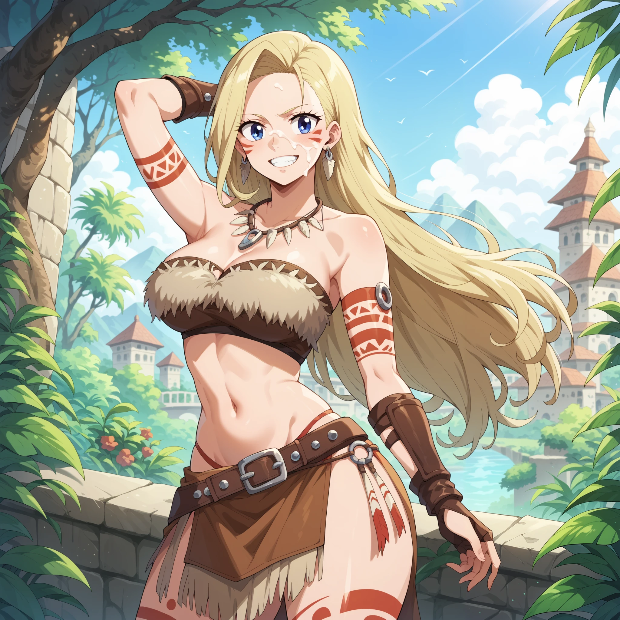 Rebecca bluegarden ( Edens Zero). Cosplay of , tribal, facial brand,  ojos azules ,  blonde hair,  light leather balcony, Pechos grandes,  female body.  FLAT ABDOMEN ,  tooth earrings ,  tooth necklace ,  Bare Shoulders, adorno  of footl, bracelet, Gauntlets, neckline,  navel , , Tribal Skirt, Calentadores  of footrnas, Alone ,  of foot